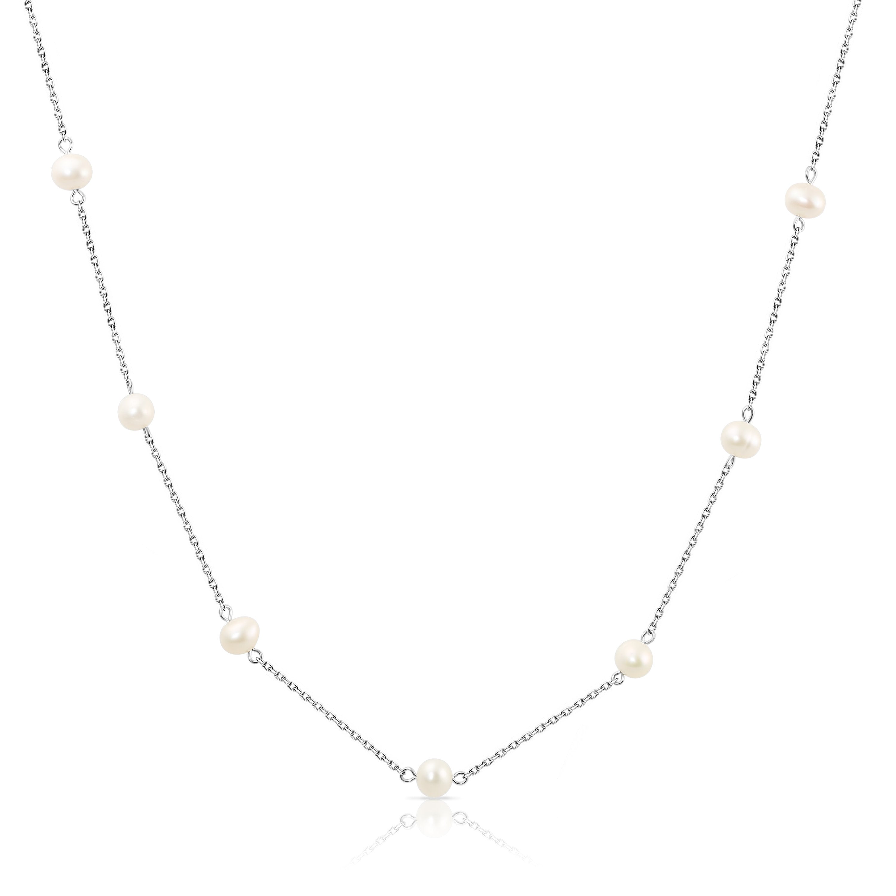 Pearl Station Necklace. Freshwater Cultured Pearl. 3 Lengths in Sterling Silver