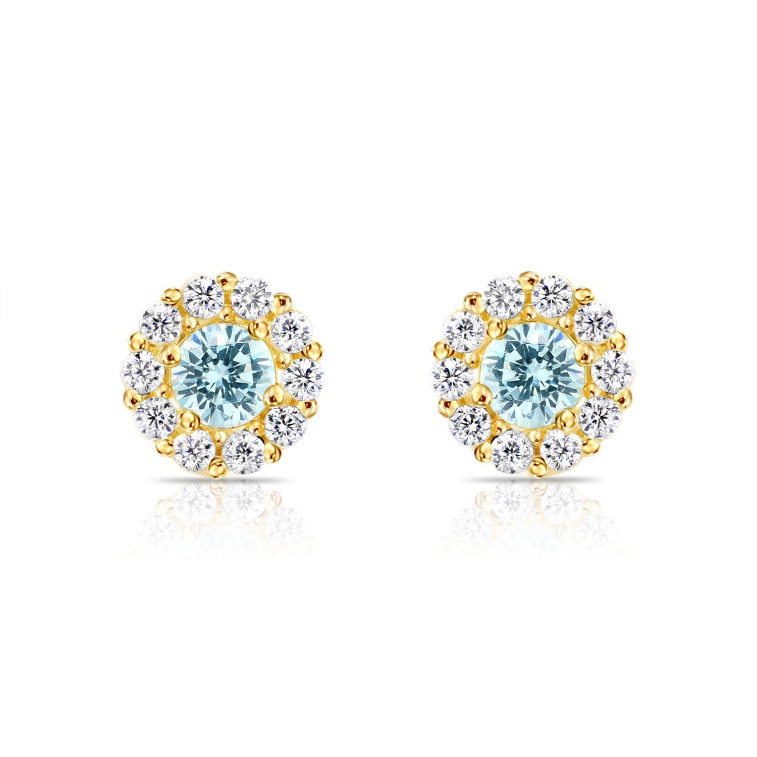 14k Yellow Gold Birthstone Halo Stud Earrings. With Secure Screw-On Backs. Available in 12 Colors