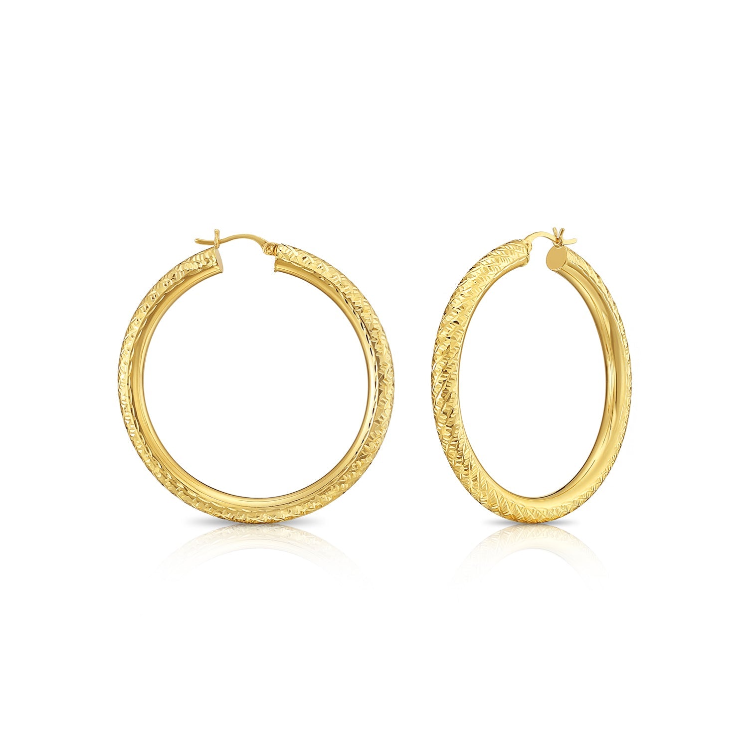 14k Yellow Gold Tornado Diamond Cut Hoop Earrings. 5mm Thin