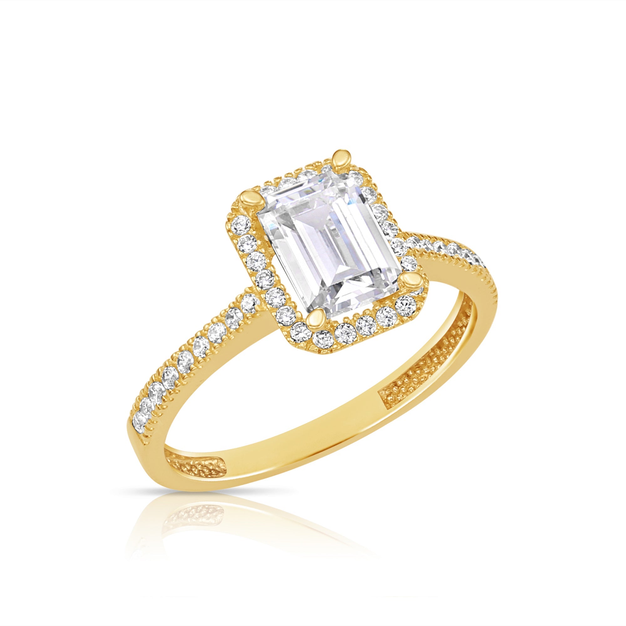 14K Yellow Gold Emerald-Cut Halo Engagement Ring With Side Stones. By TILO Jewelry