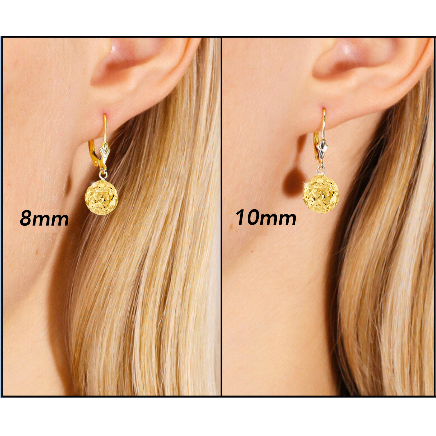 14k Yellow Gold Sparkle Ball Dangle Earrings With Diamond-Cuts