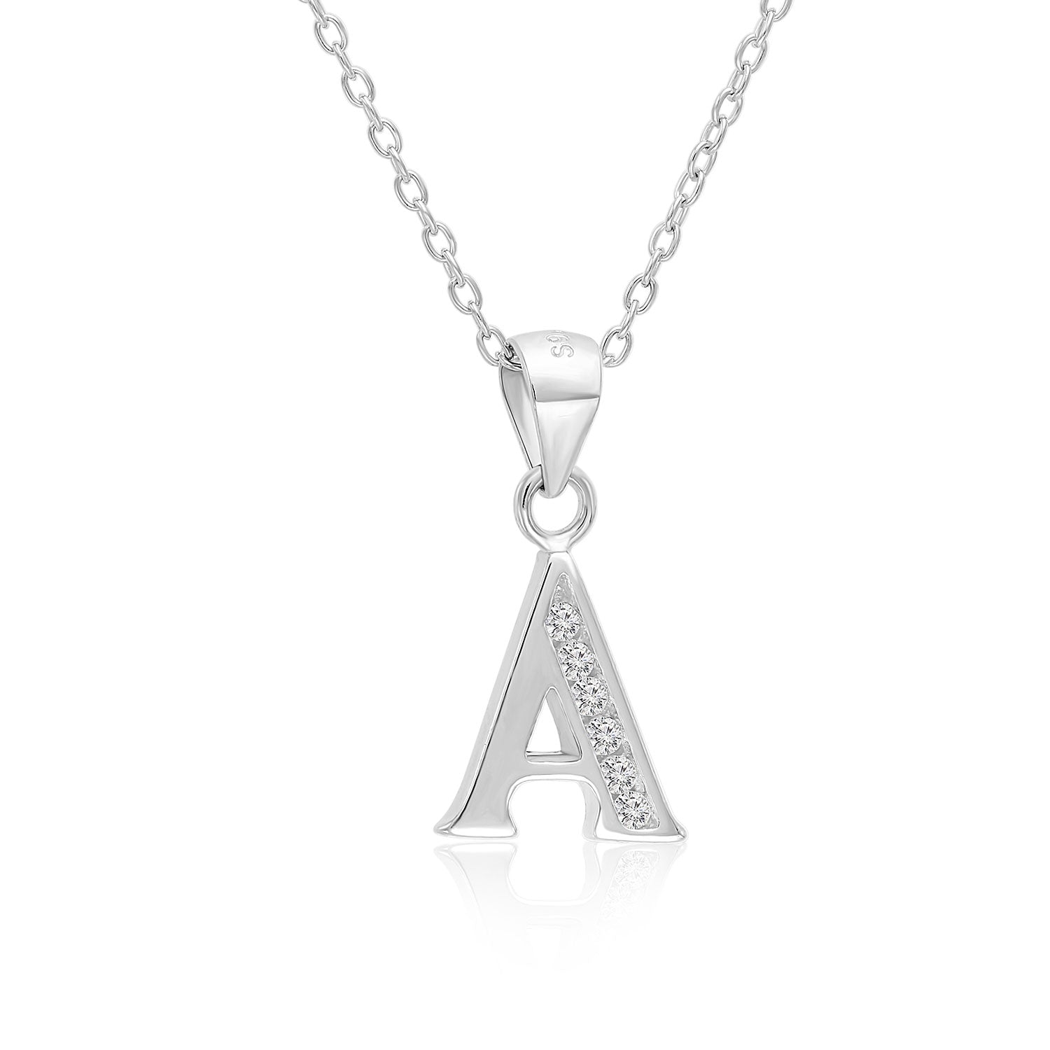 CZ Initial Charm Necklace. All Letters in Sterling Silver