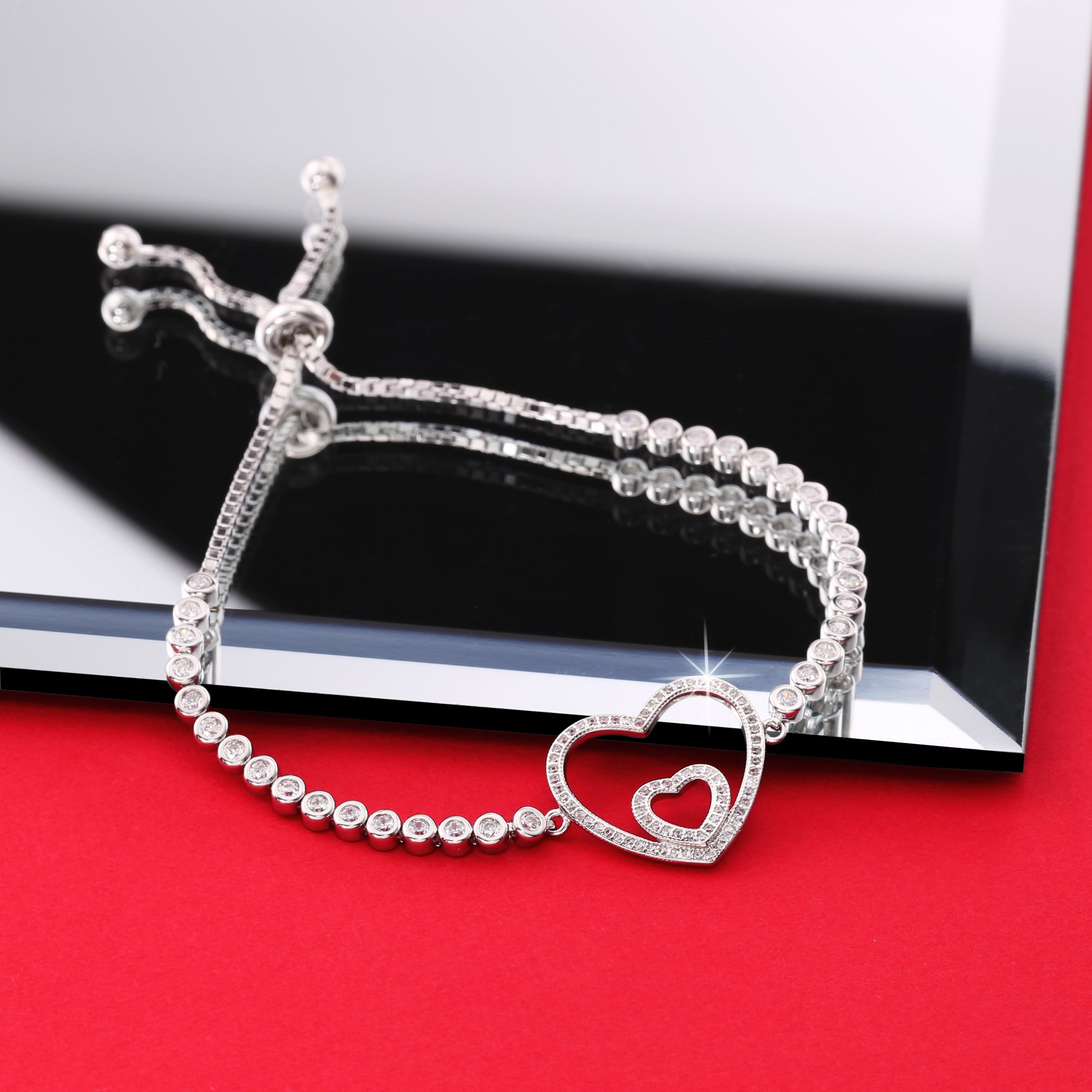 CZ Double Heart Adjustable Bracelet in