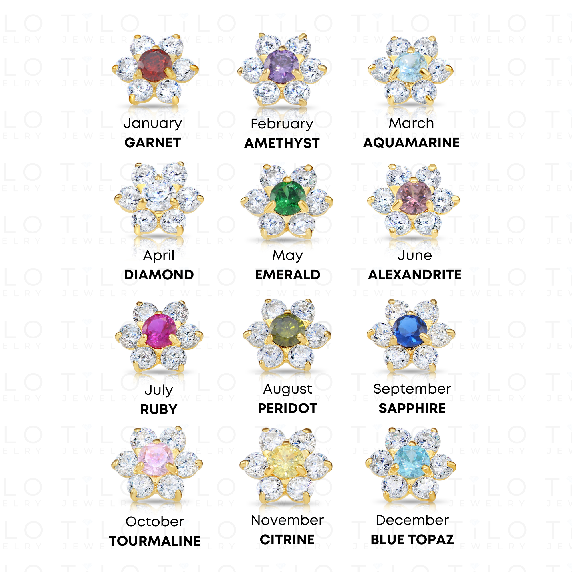 14K Yellow Gold Birthstone Halo Flower Stud Earrings. Available in 12 Colors