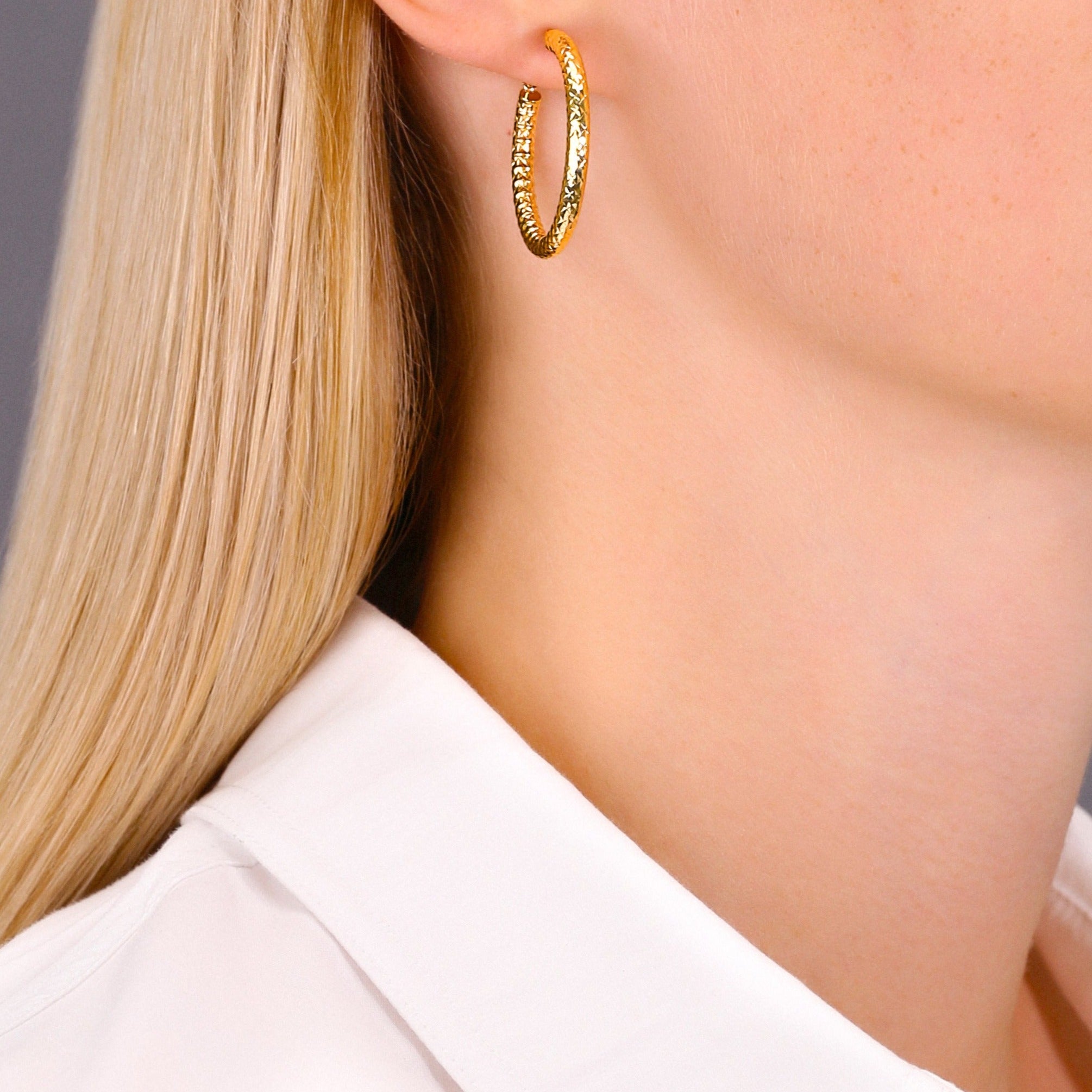 14k Yellow Gold Textured Hoop Earrings. The Alligator Collection