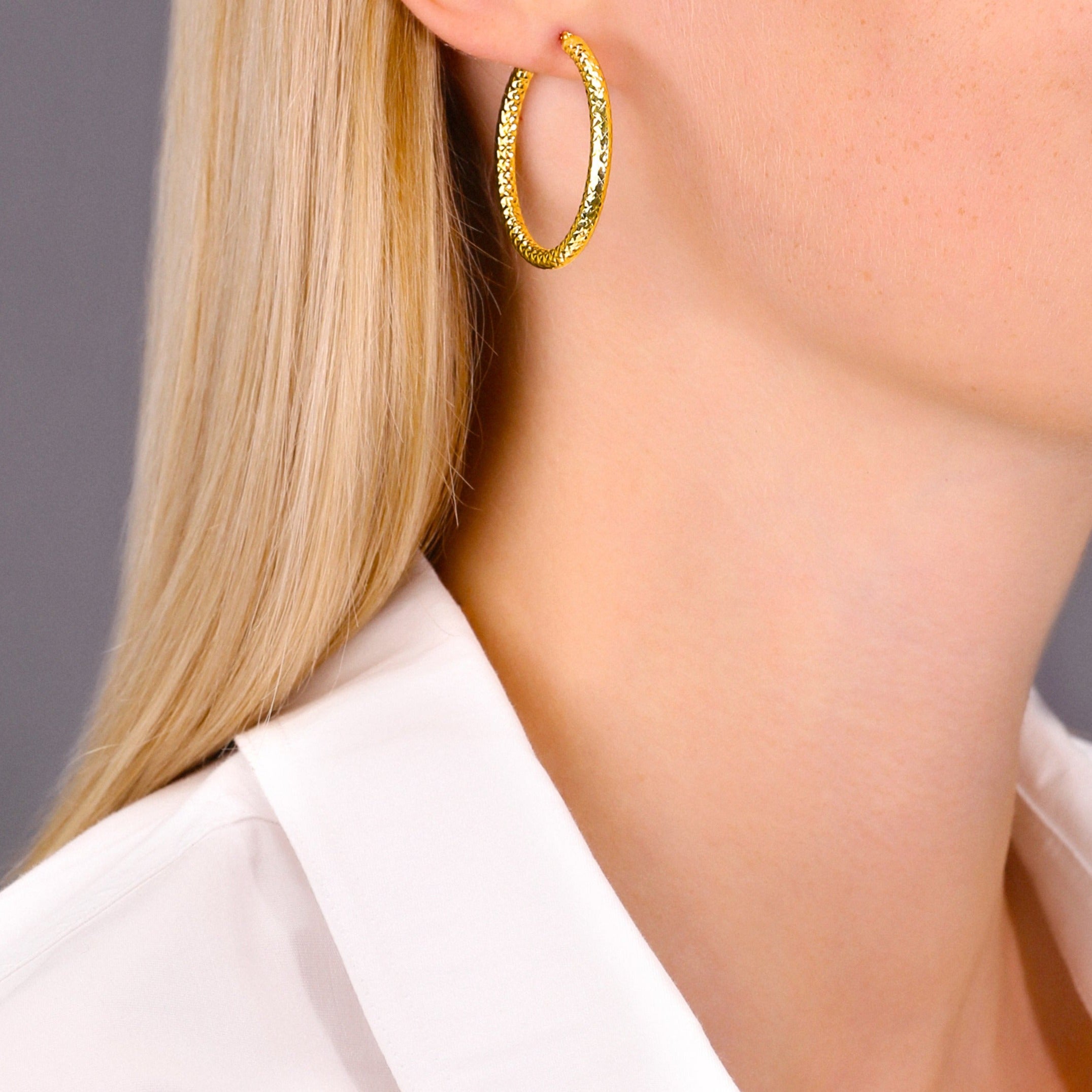 14k Yellow Gold Textured Hoop Earrings. The Alligator Collection