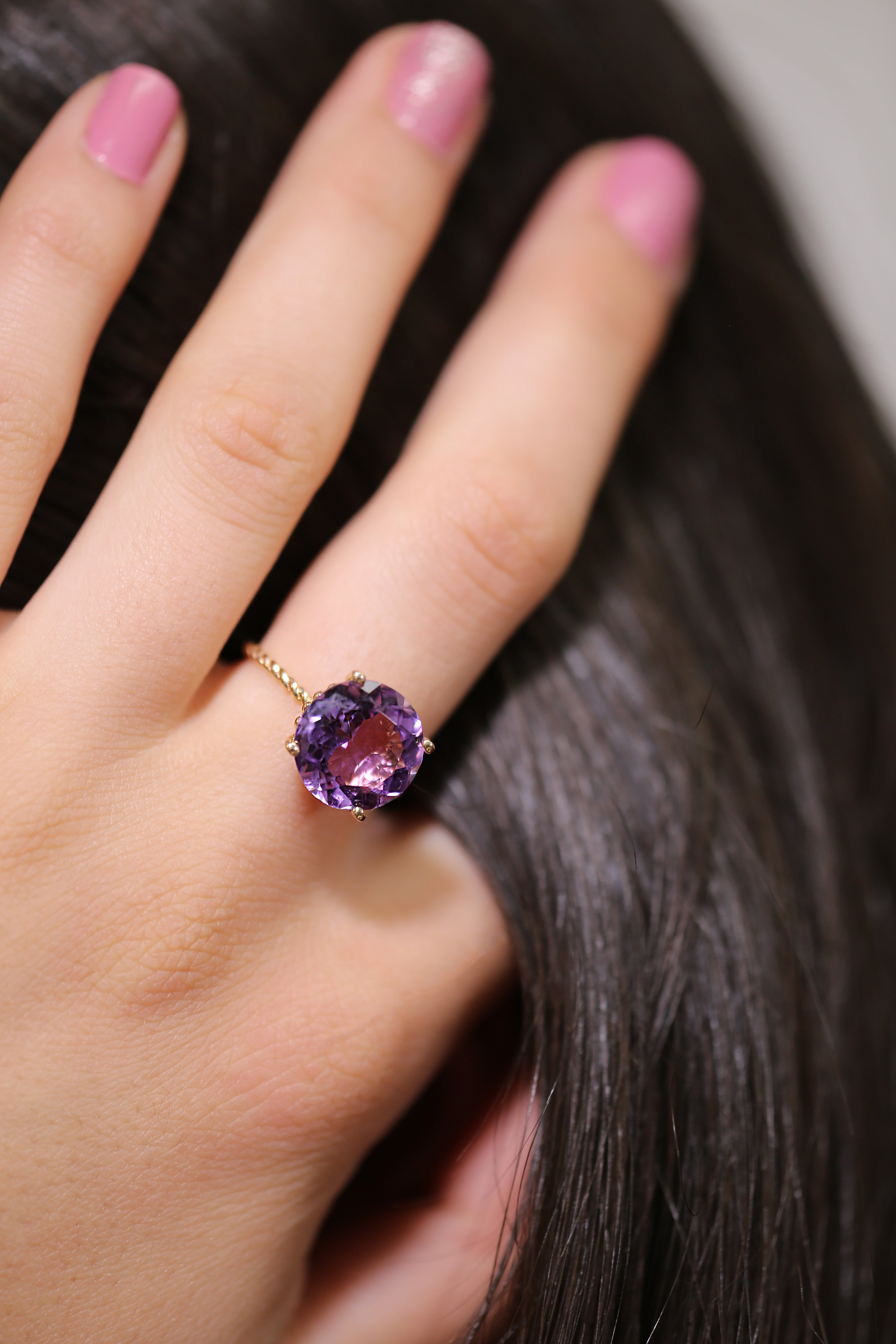 14K Gold Purple Amethyst Ring. Five Carat Huge Natural Gemstone. Twist Rope Design. Ms. Luscious