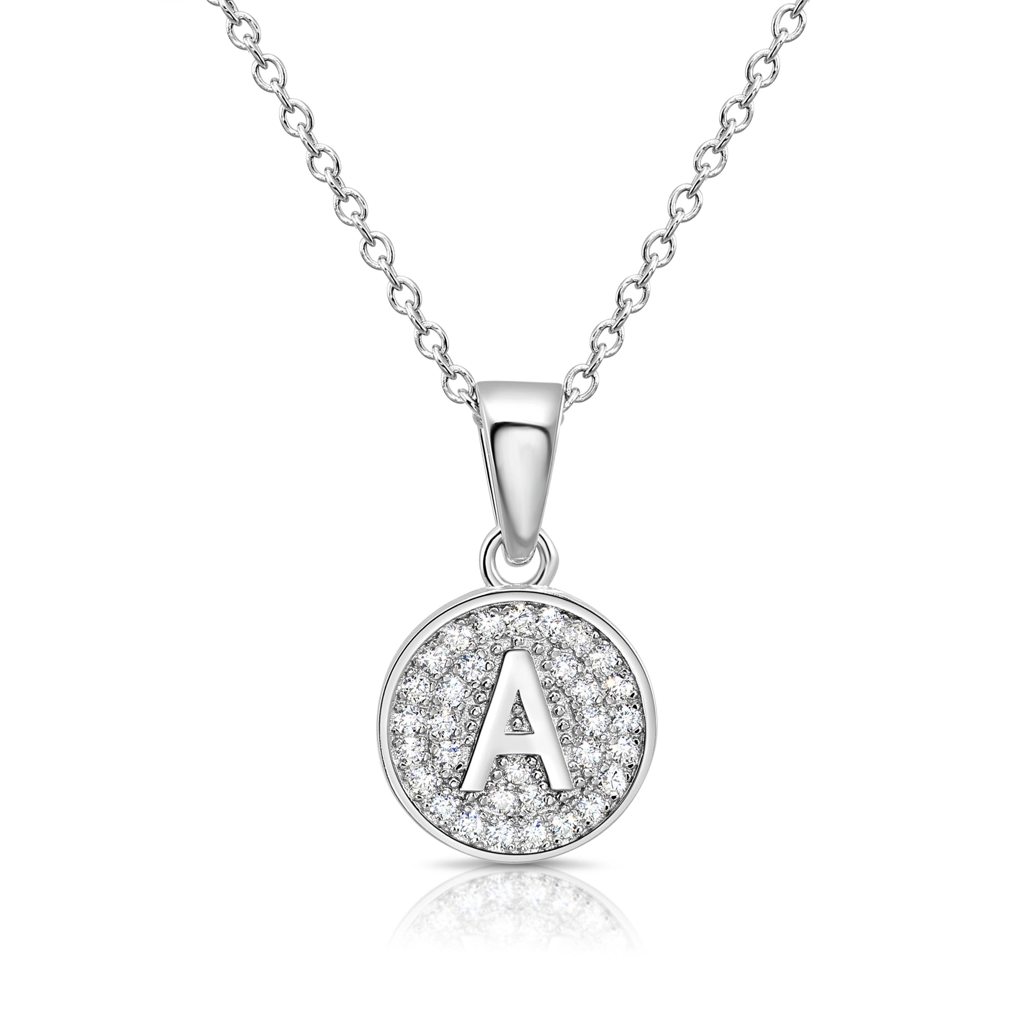 CZ Initial Round Charm Necklace (Letters A-Z) 16 18 in Sterling Silver