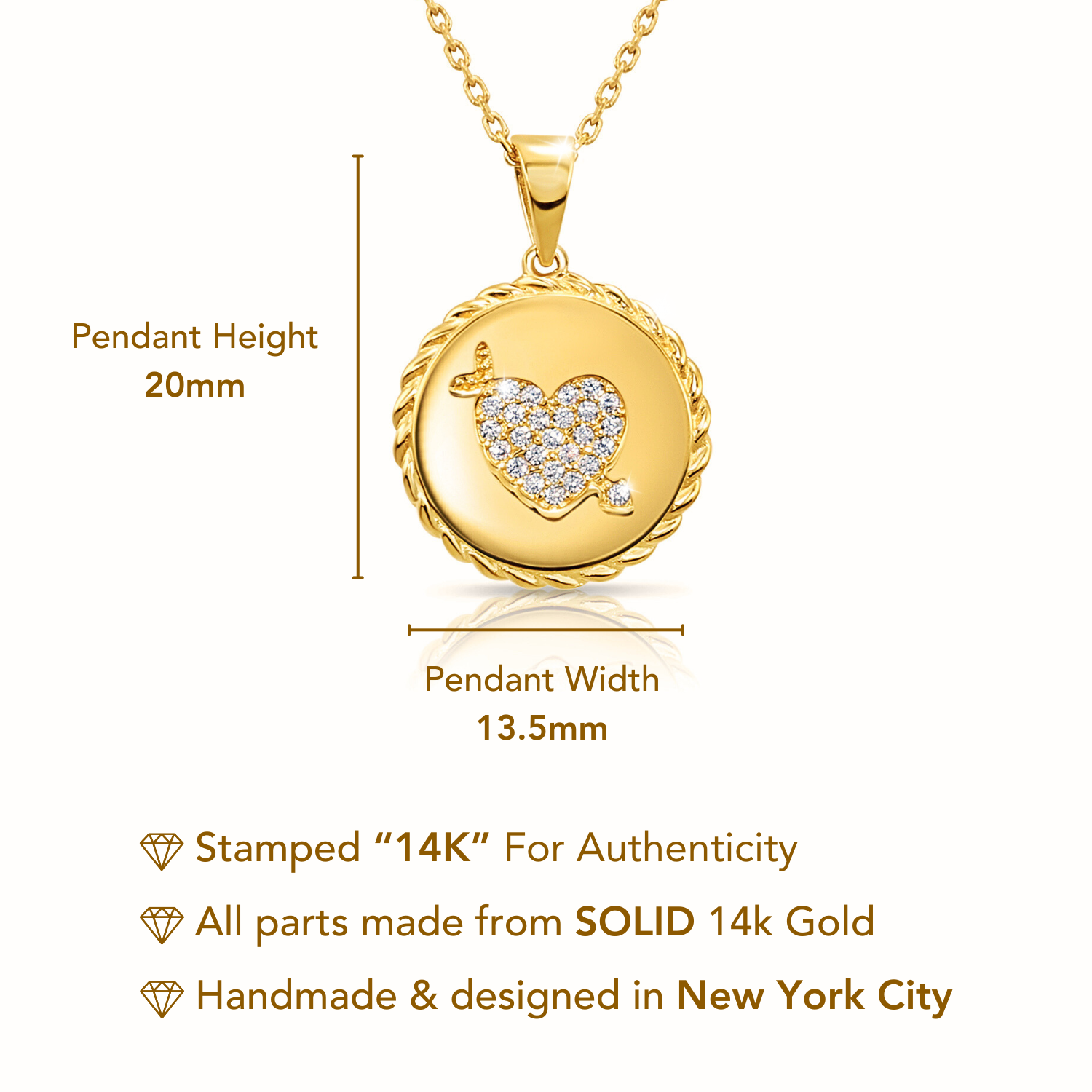 14K Solid Yellow Gold Pave CZ Heart Pendant. With 18 Cable Chain Necklace