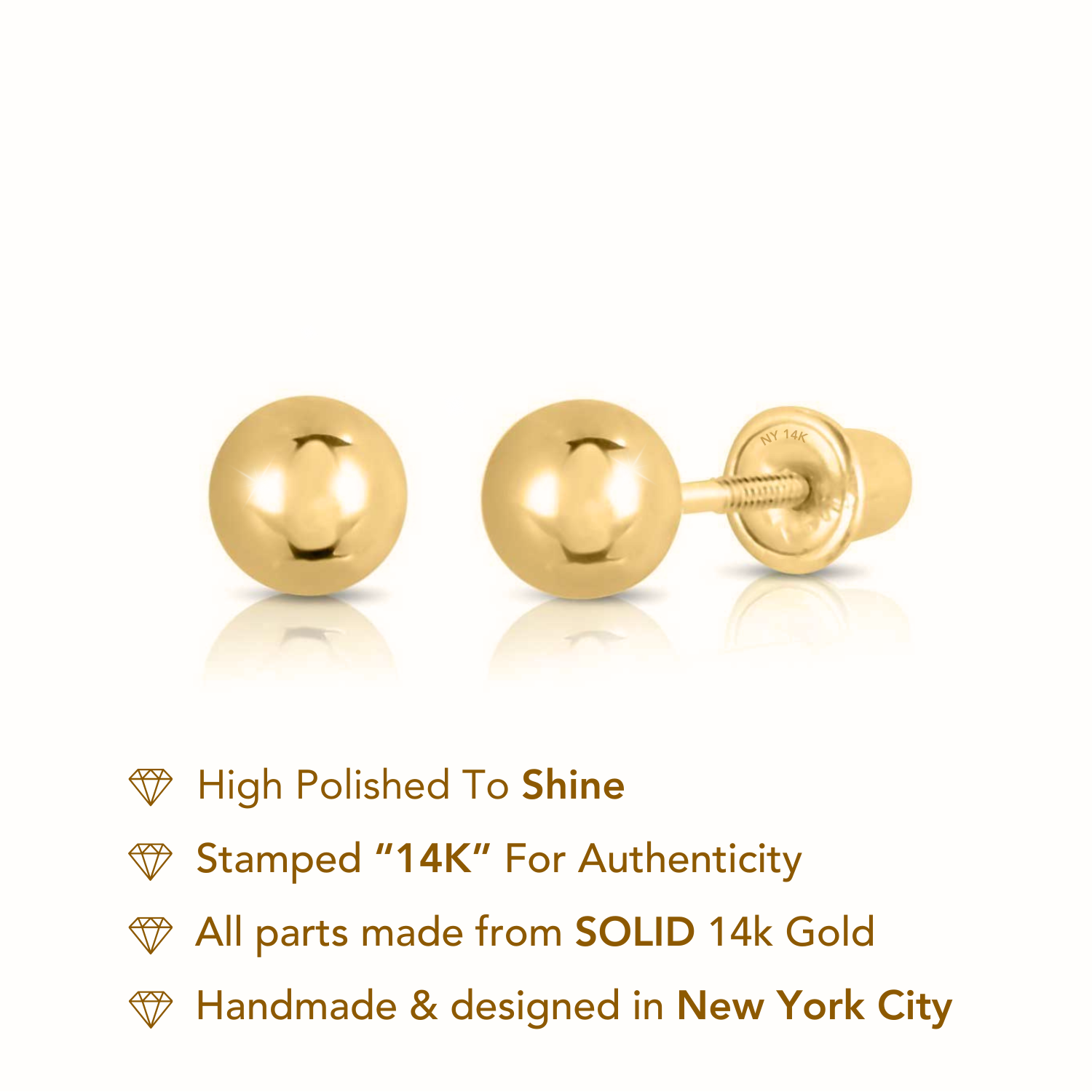 14k Yellow Gold Classic Ball Stud Earrings with Screwbacks (Unisex)