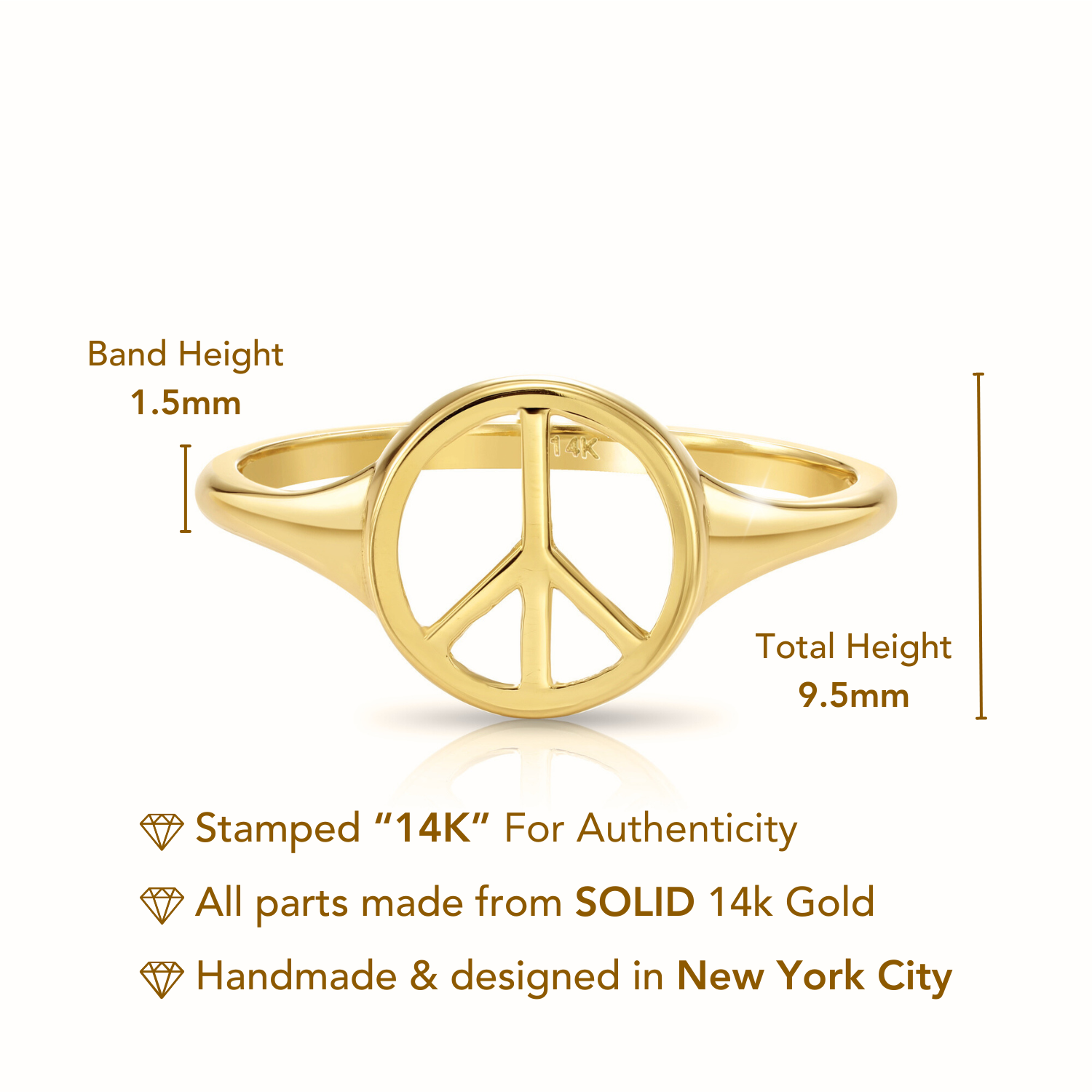 Solid 14k Gold Peace Sign Ring. 14k Yellow Gold Stackable Ring. Dainty Peace Sign Signet Design Ring