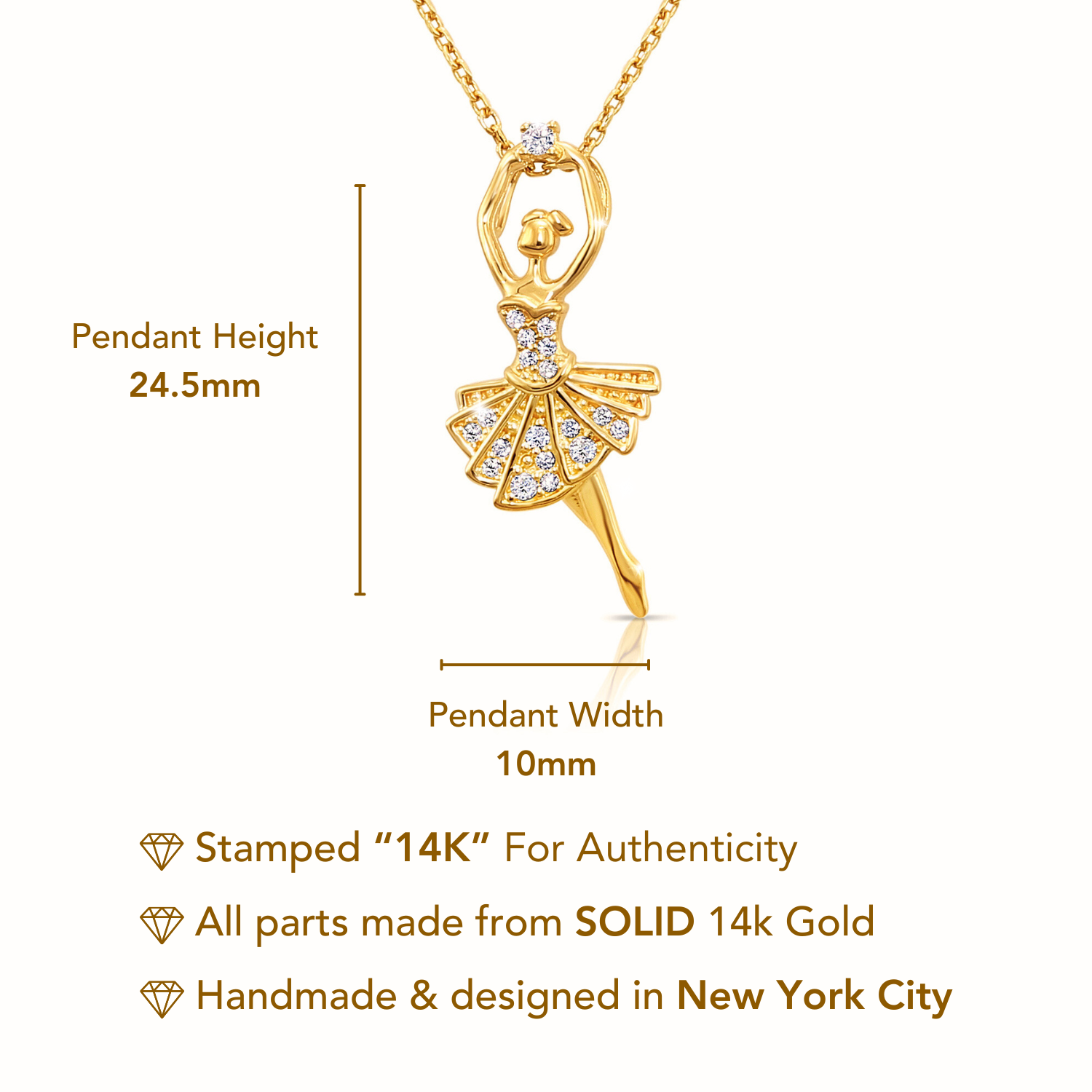 14K Solid Yellow Gold Ballerina Pendant. With 18 Cable Chain Necklace