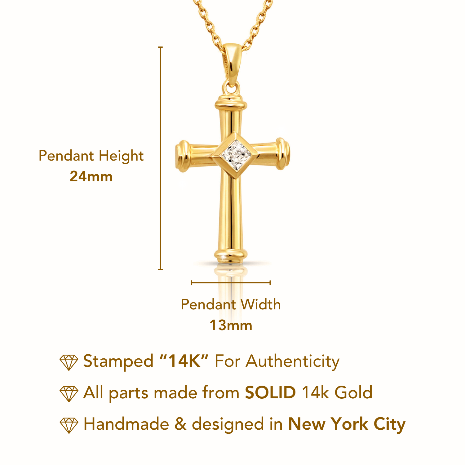 14K Solid Yellow Gold CZ Cross Pendant. With 18 Cable Chain Necklace