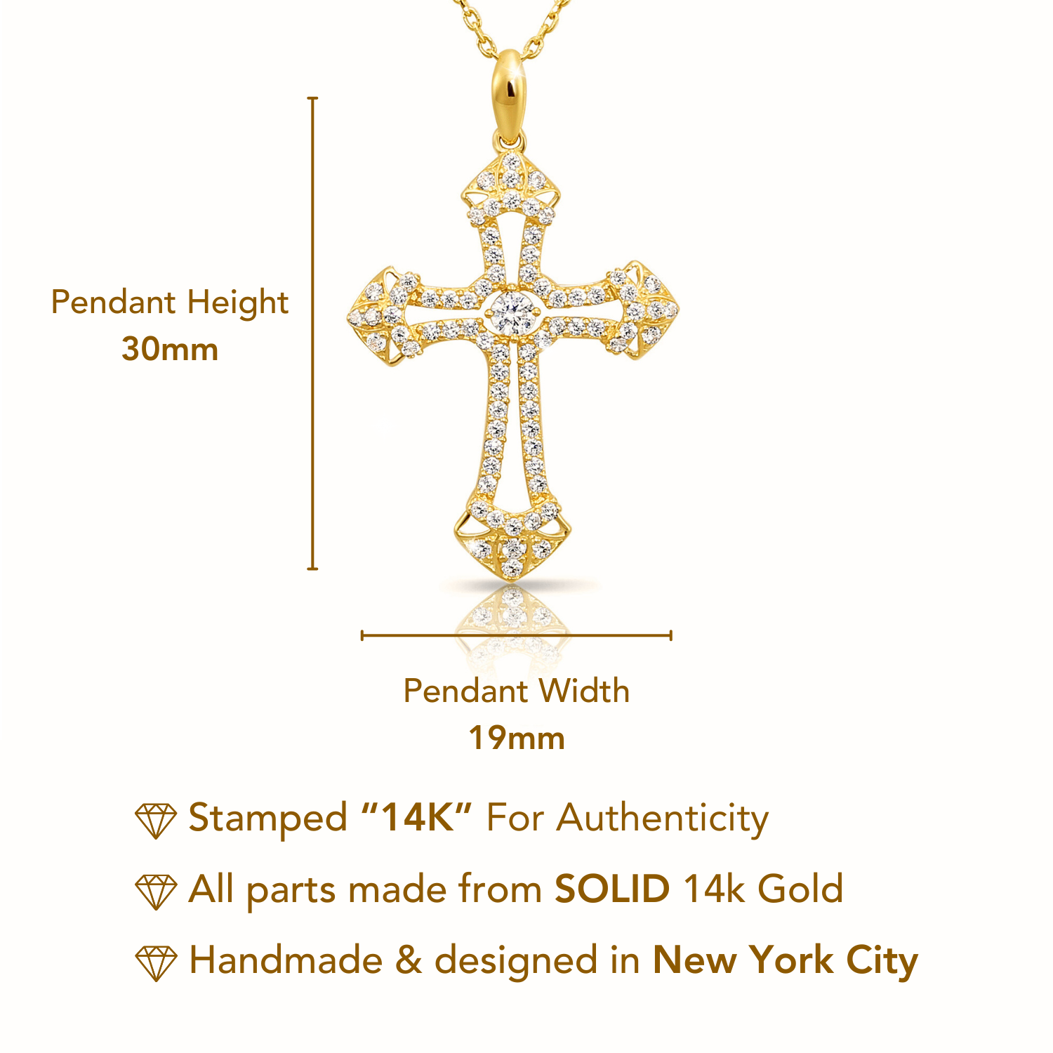 14K Solid Yellow Gold CZ Cross Pendant. With 18 Cable Chain Necklace