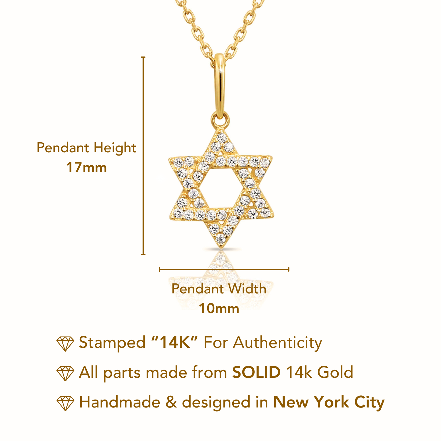 14K Solid Yellow Gold Star Of David Pendant. With 18 Cable Chain Necklace