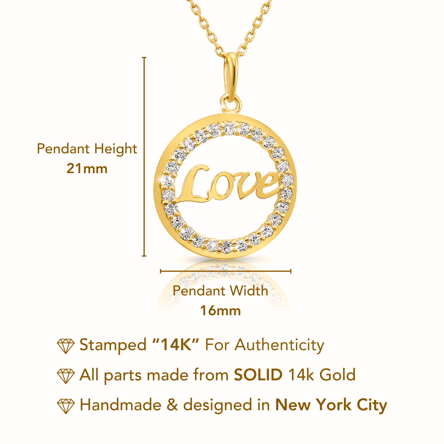 14K Solid Yellow Gold Love Script CZ Pendant. With 18 Cable Chain Necklace