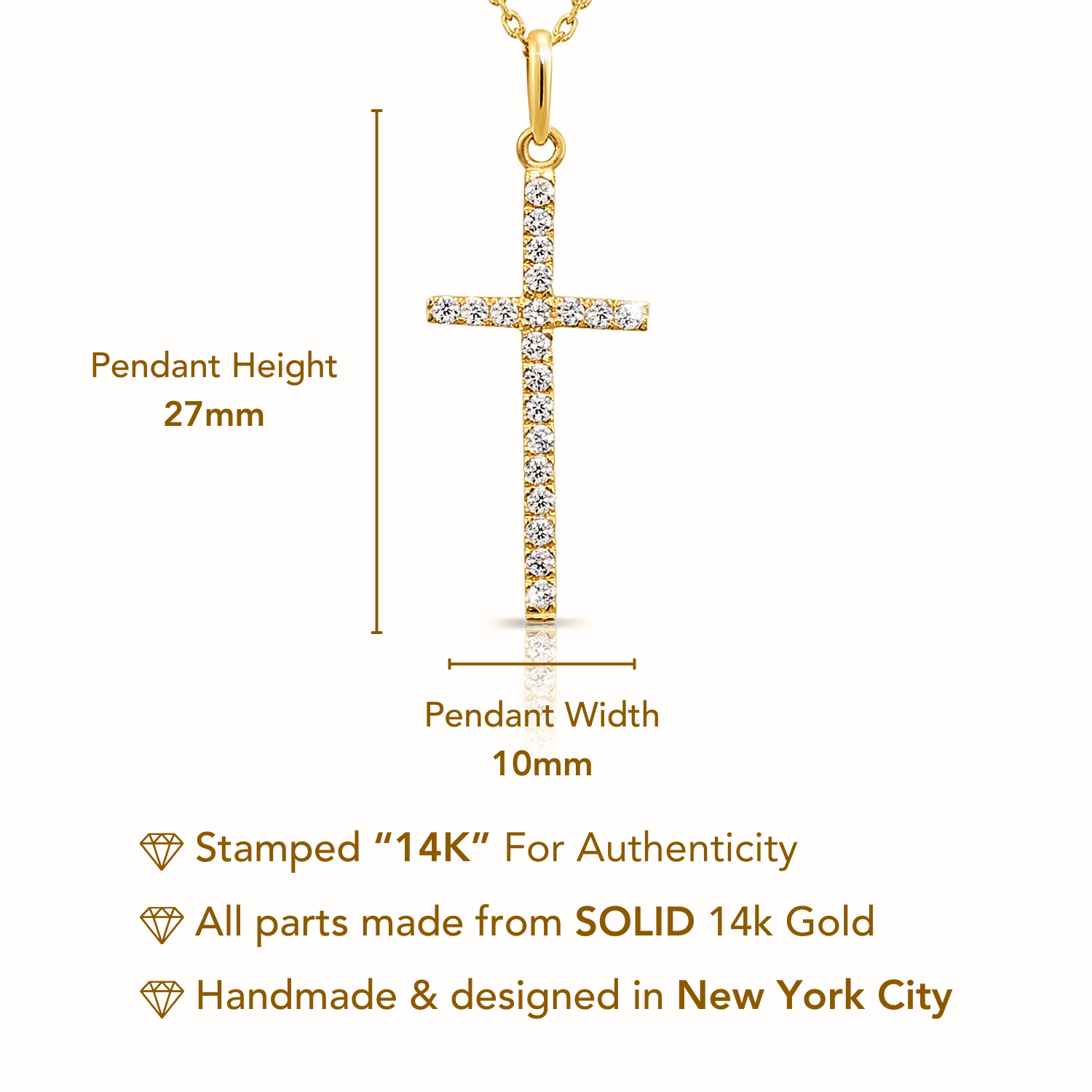 14K Solid Yellow Gold CZ Cross Pendant. With 18 Cable Chain Necklace