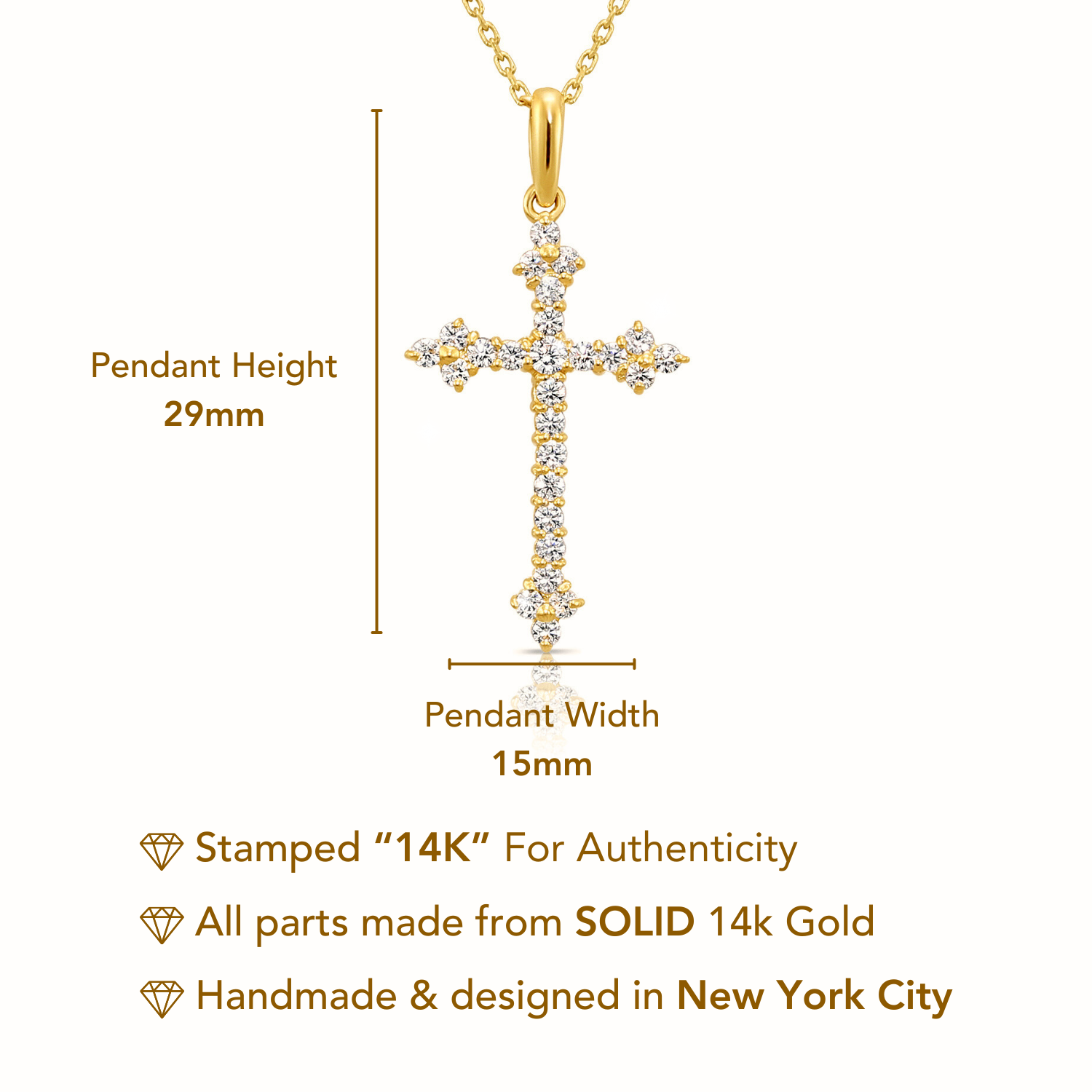 14K Solid Yellow Gold CZ Cross Pendant. With 18 Cable Chain Necklace