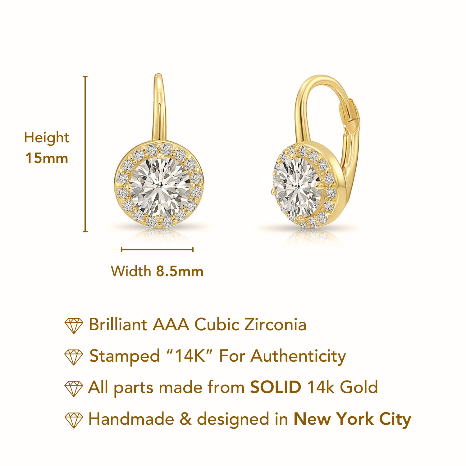 14K Gold Round Brilliant-Cut Halo Drop Earrings With Lever backs