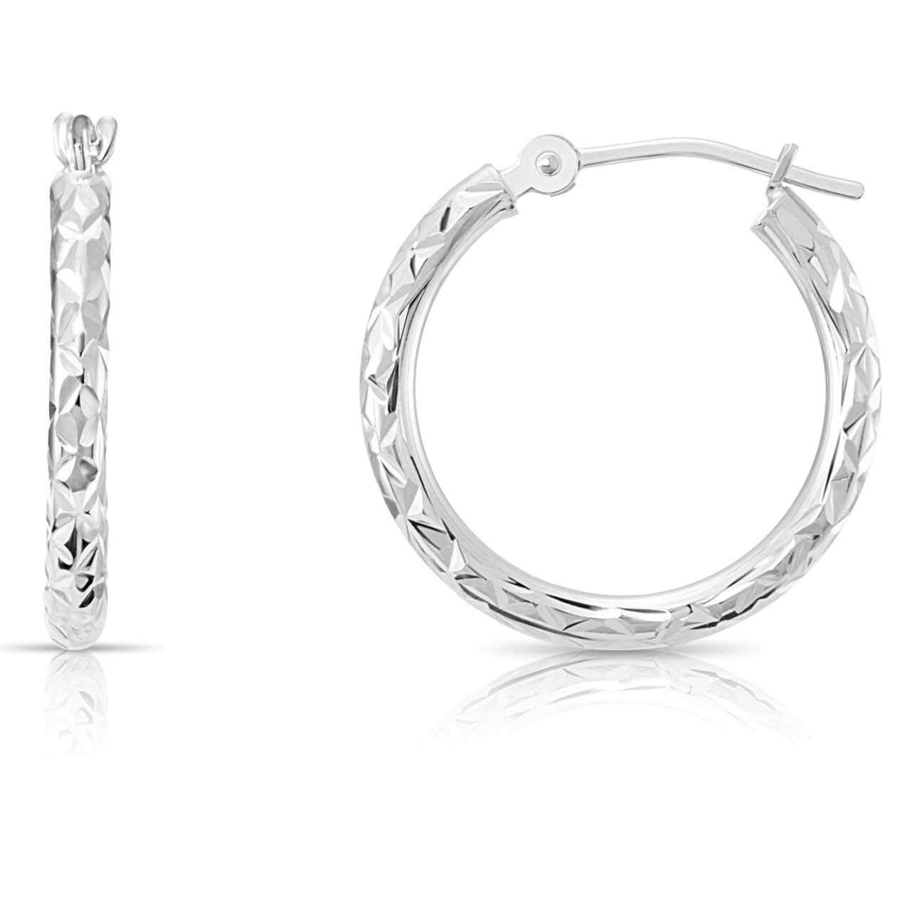 14K White Gold Diamond-cut Round Hoop Earrings. Hand Engraved X Diamond-cut Round Hoop Earrings. Small Medium Large Hoops