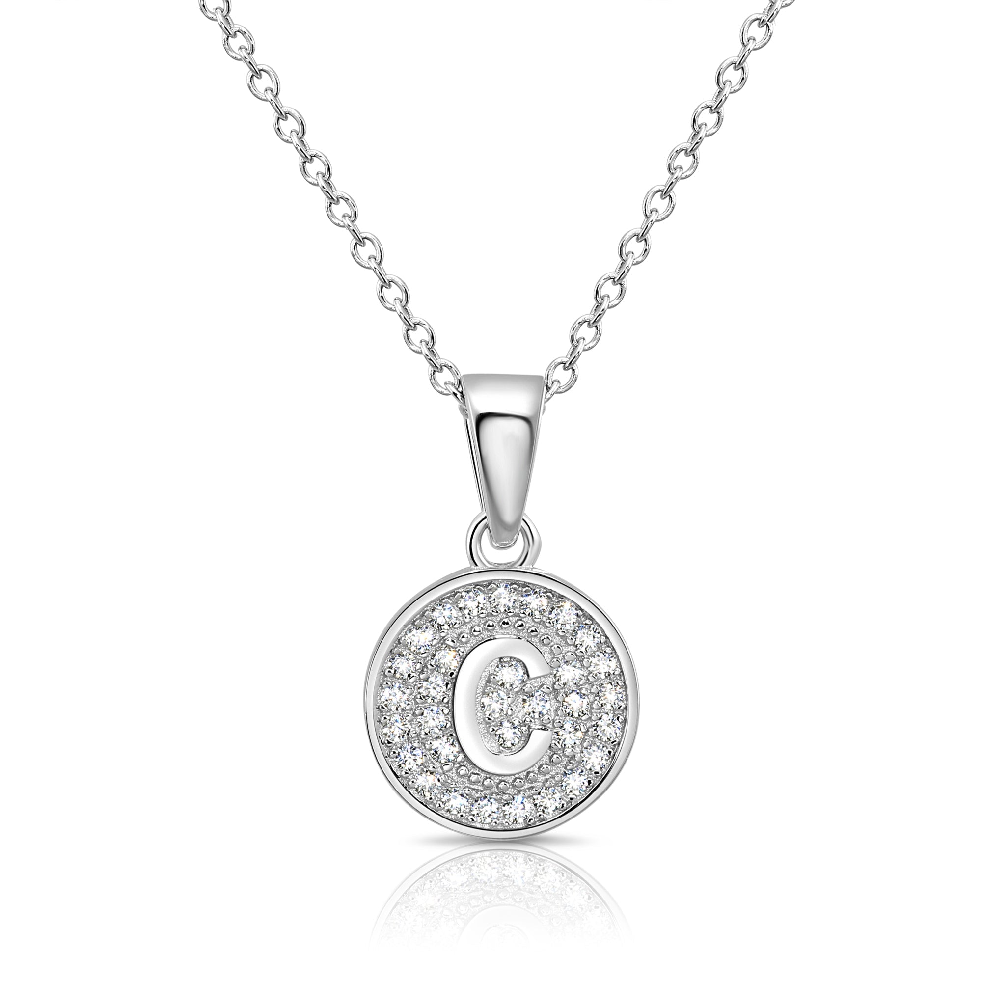 CZ Initial Round Charm Necklace (Letters A-Z) 16 18 in Sterling Silver