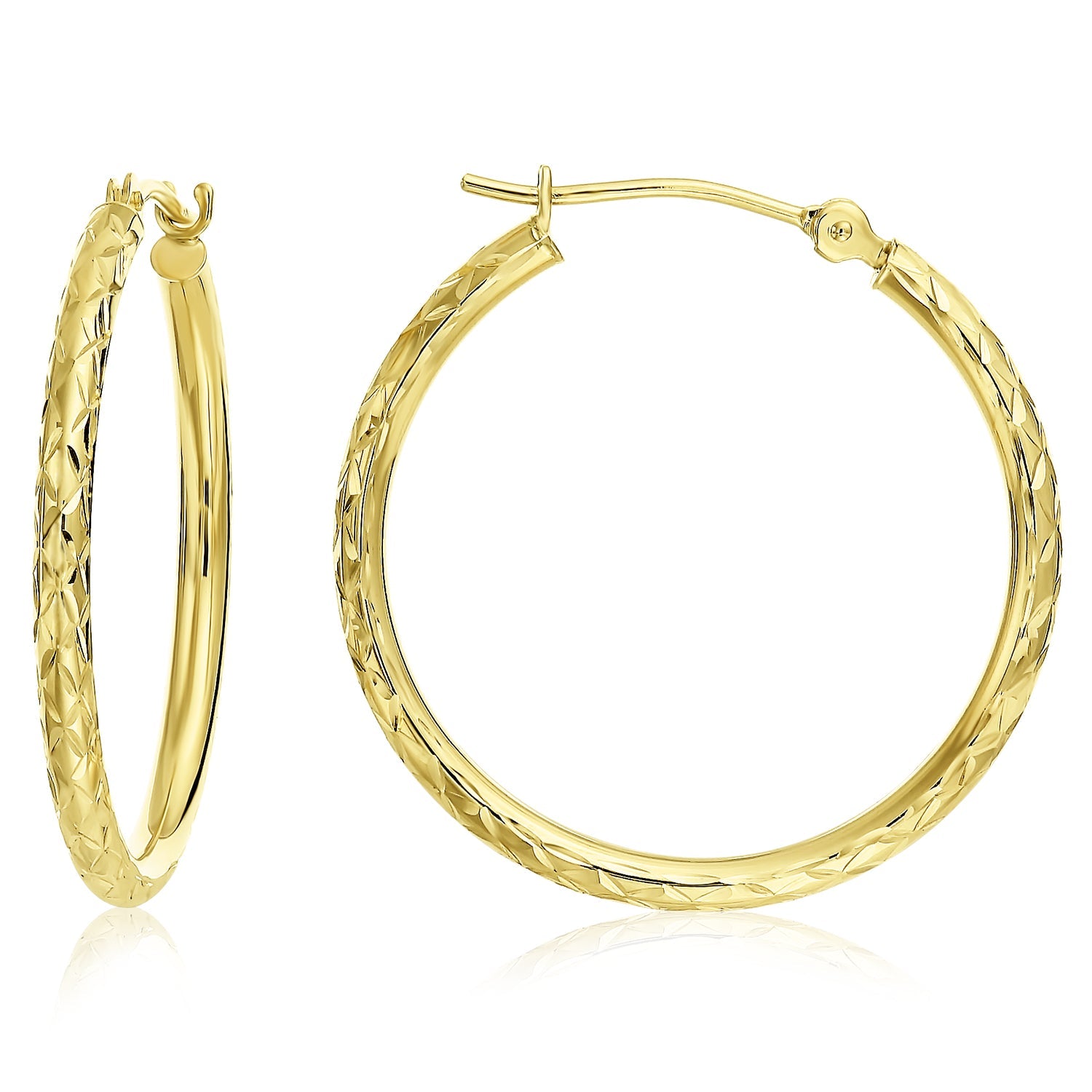 14k Gold X Pattern Diamond Cut Hoop Earrings. 1 Inch