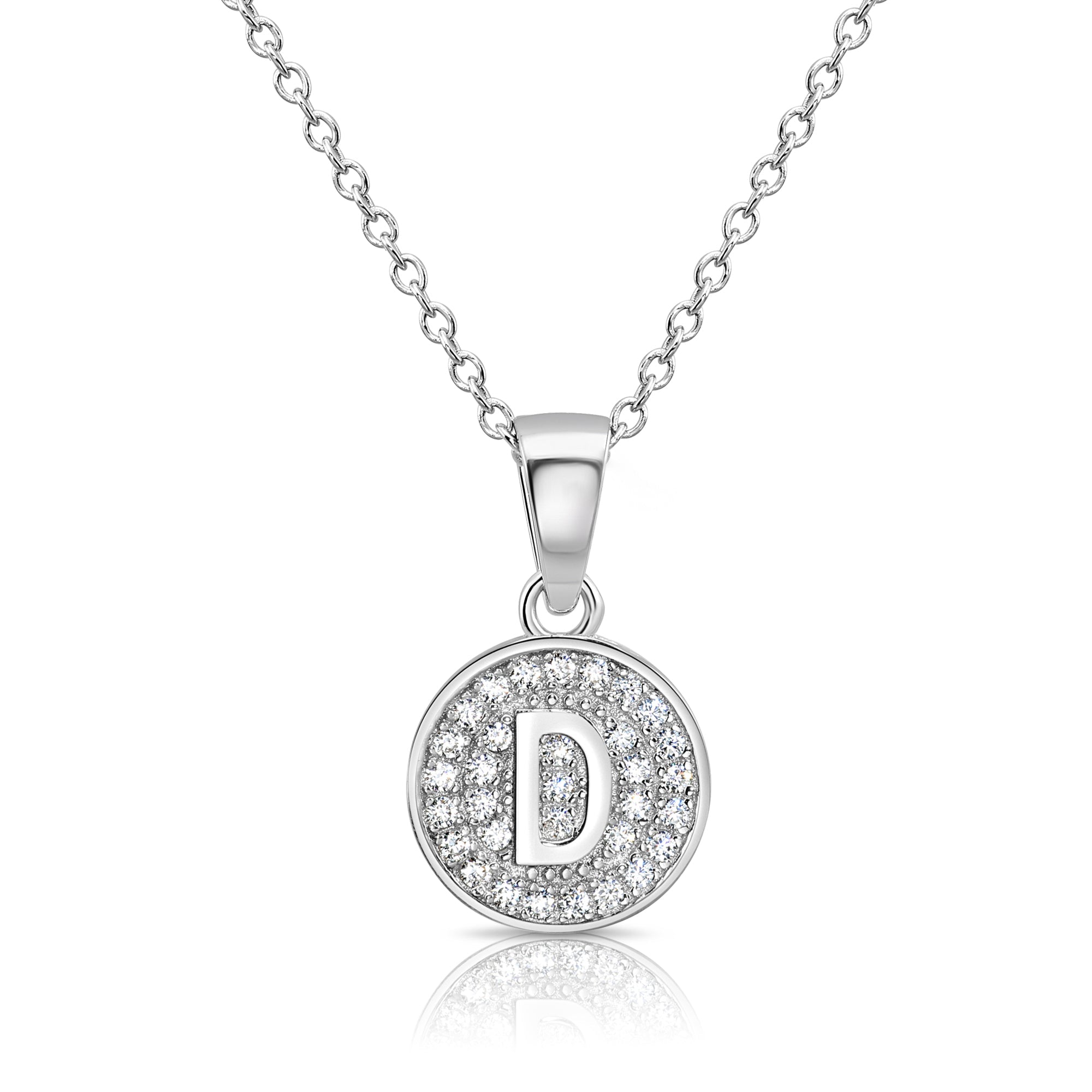 CZ Initial Round Charm Necklace (Letters A-Z) 16 18 in Sterling Silver