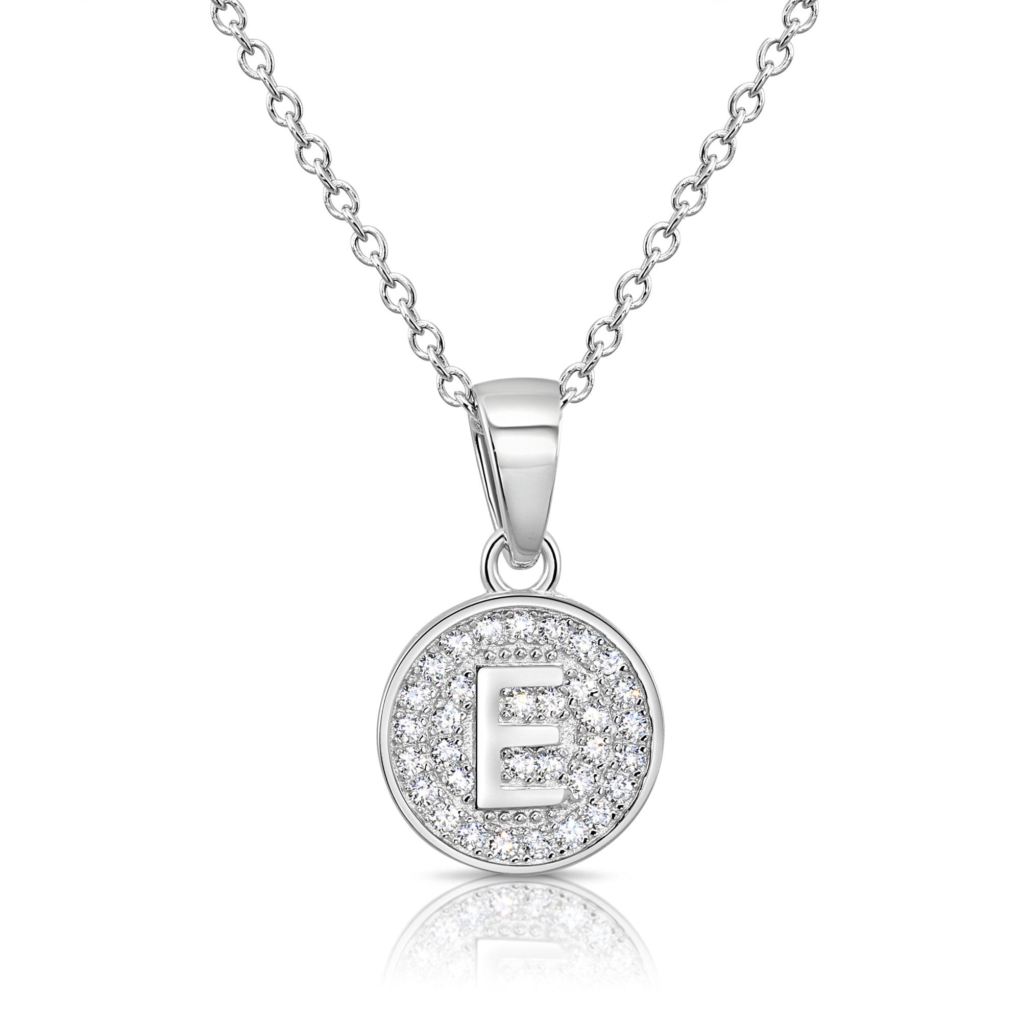 CZ Initial Round Charm Necklace (Letters A-Z) 16 18 in Sterling Silver