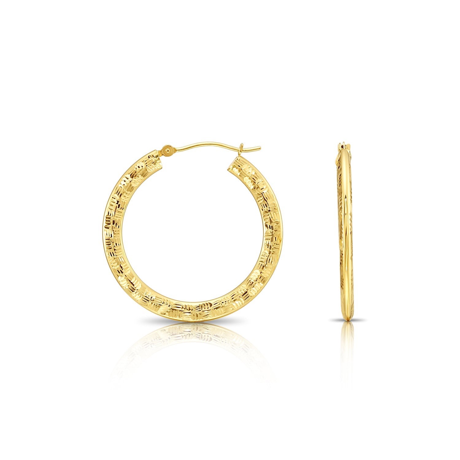 14k Yellow Gold Checkered Diamond Cut Flat Hoop Earrings