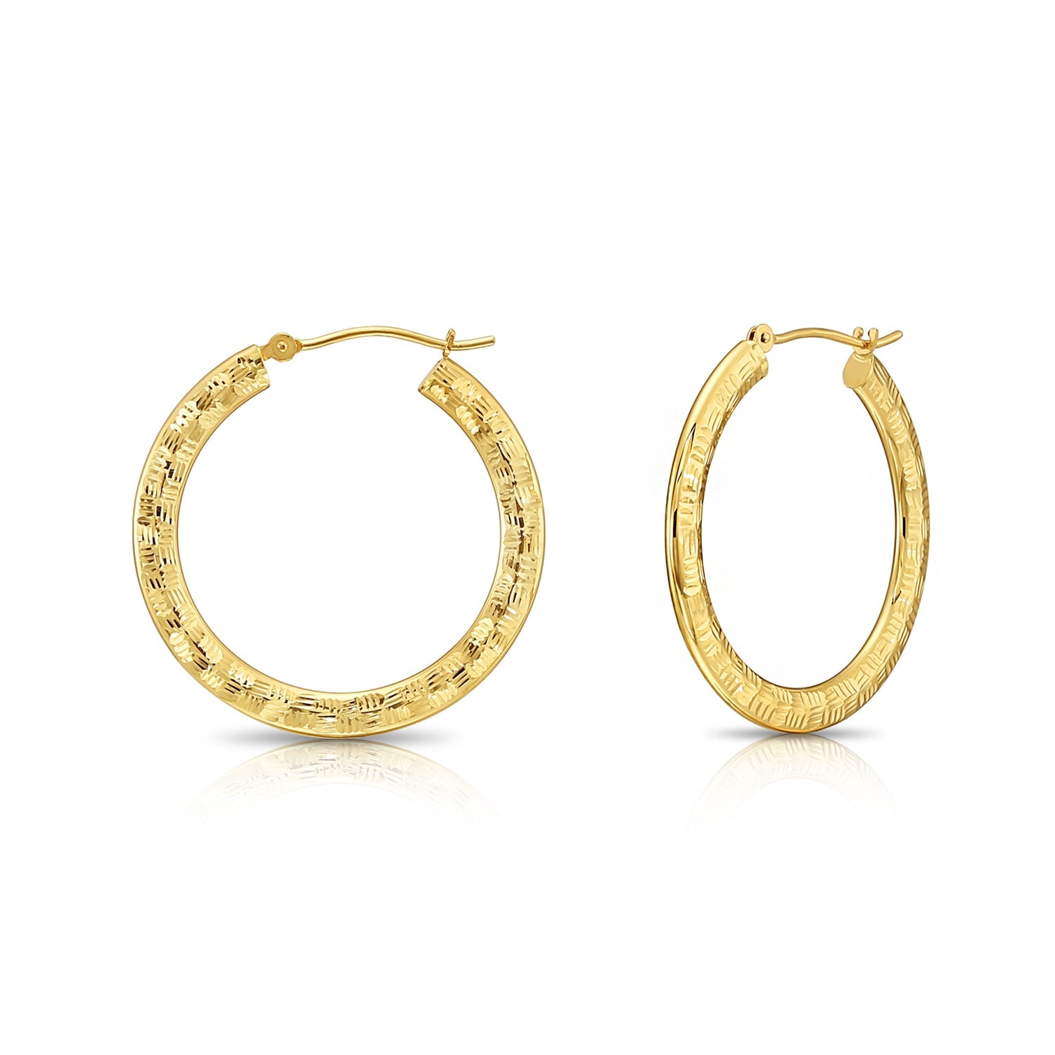 14k Yellow Gold Checkered Diamond Cut Flat Hoop Earrings