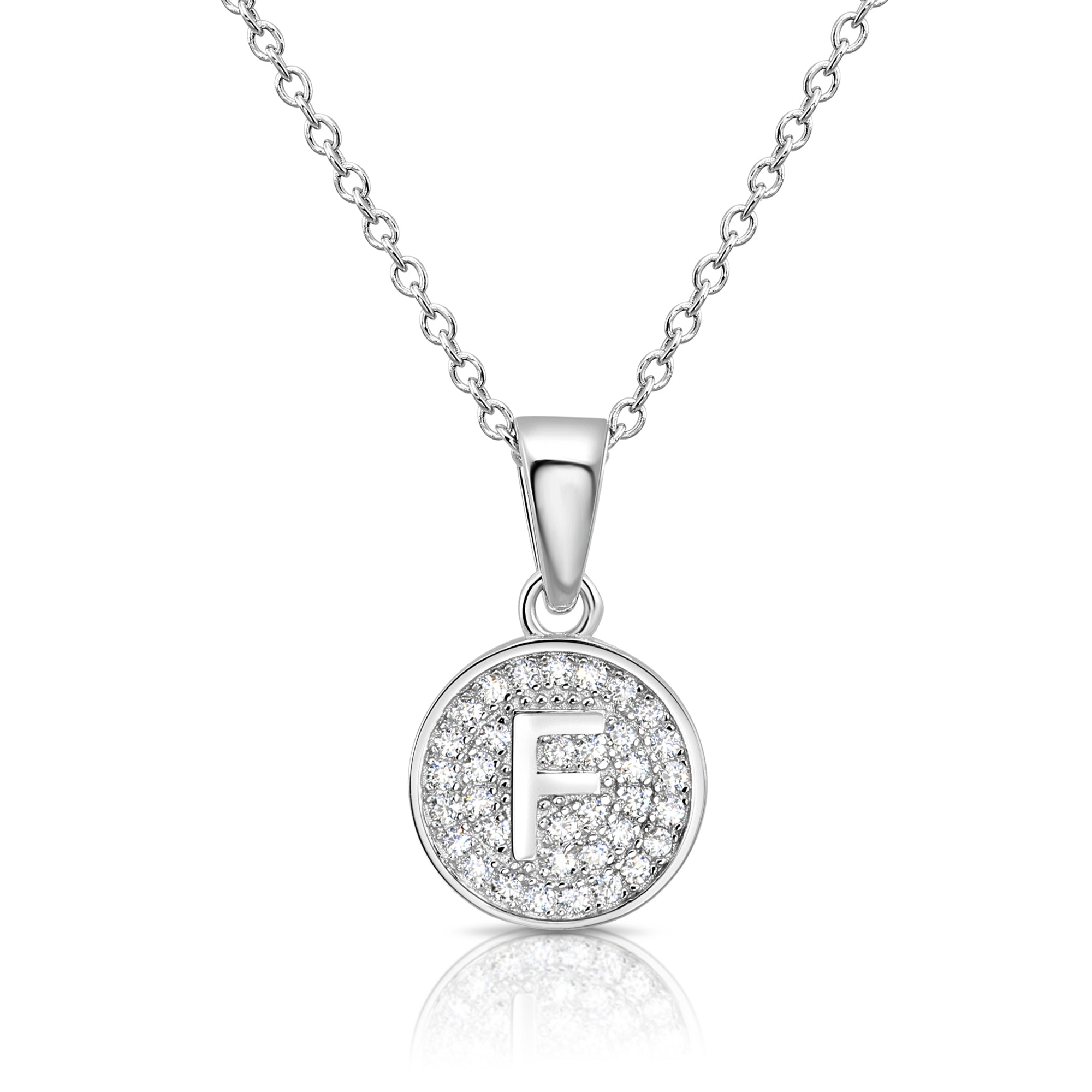 CZ Initial Round Charm Necklace (Letters A-Z) 16 18 in Sterling Silver