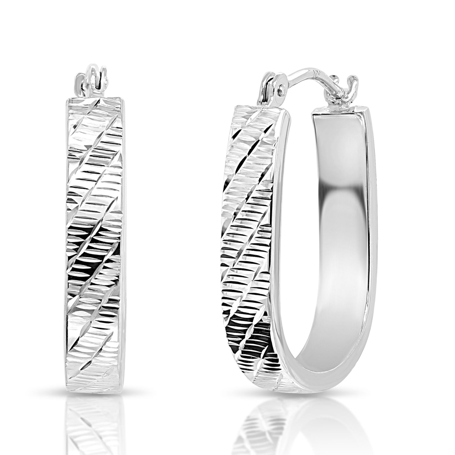 14k White Gold Diamond Cut Oval Hoop Earrings. 3 Styles