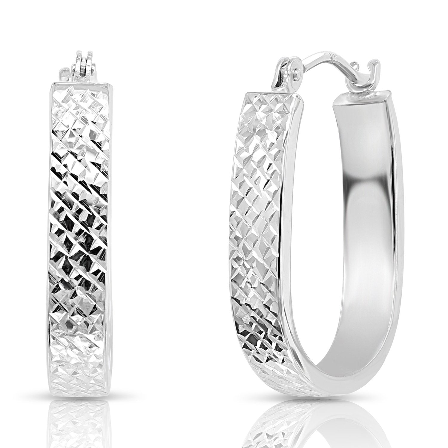 14k White Gold Diamond Cut Oval Hoop Earrings. 3 Styles