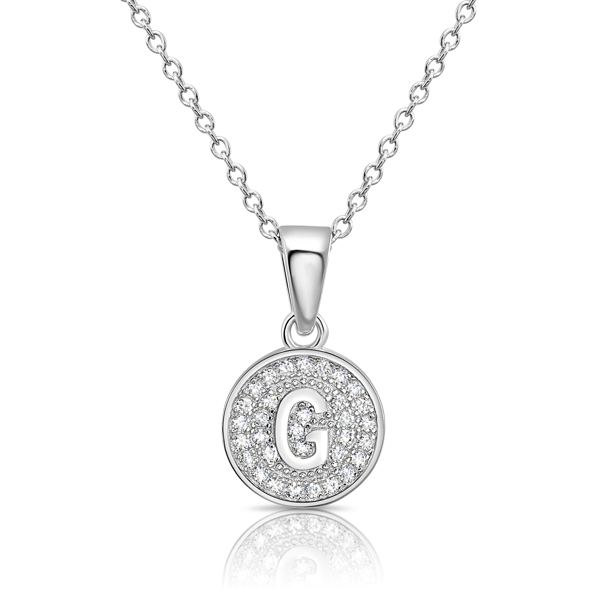 CZ Initial Round Charm Necklace (Letters A-Z) 16 18 in Sterling Silver