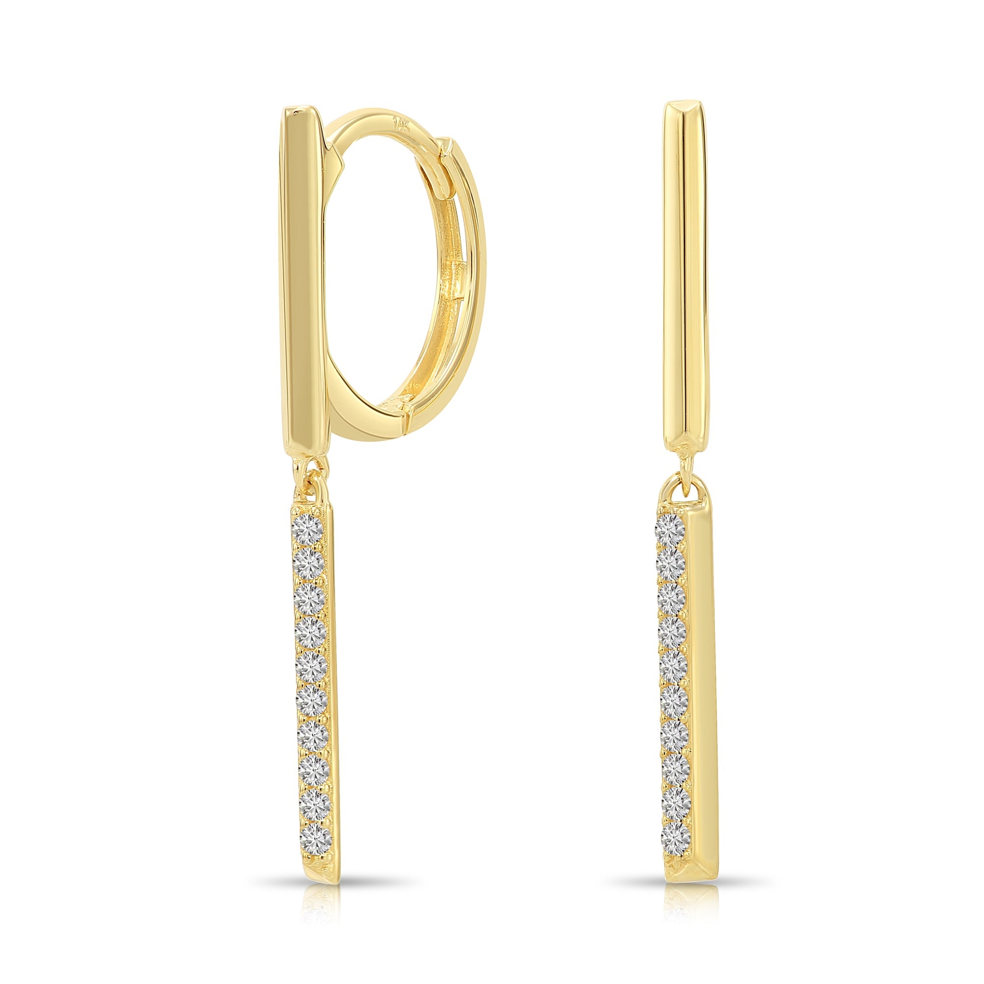 14K Yellow Gold Pave CZ Bar Dangle Drop Earrings. Huggies Hoops. 1 Inch Tall