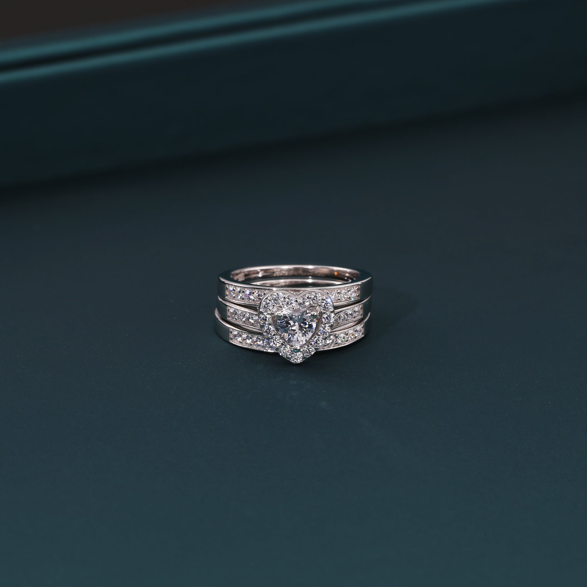 CZ Heart Engagement Ring Set. Three Tier in Sterling Silver