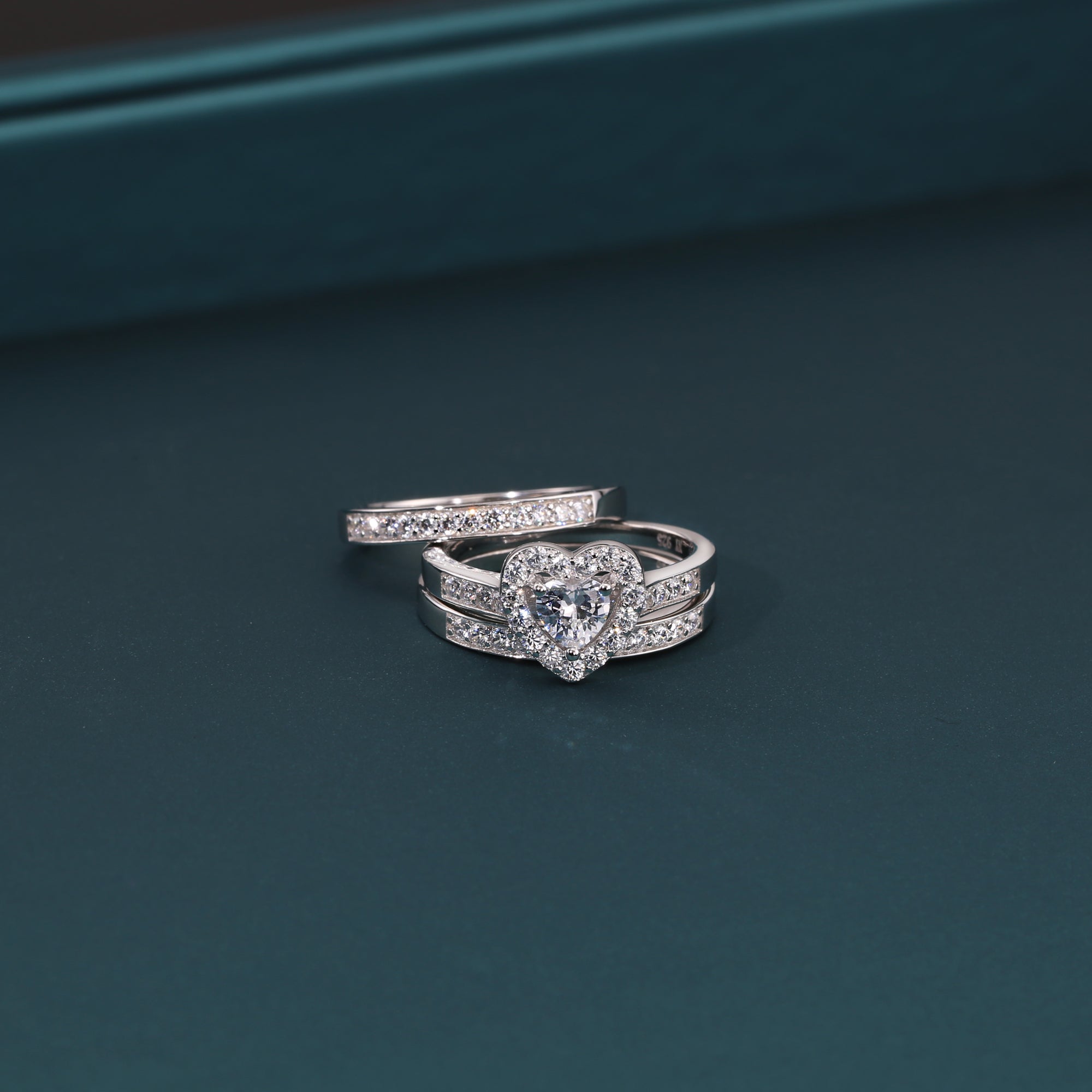 CZ Heart Engagement Ring Set. Three Tier in Sterling Silver