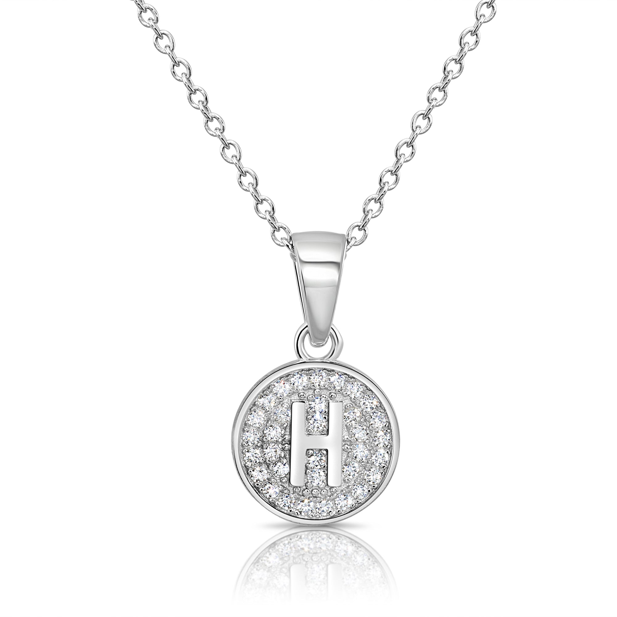 CZ Initial Round Charm Necklace (Letters A-Z) 16 18 in Sterling Silver