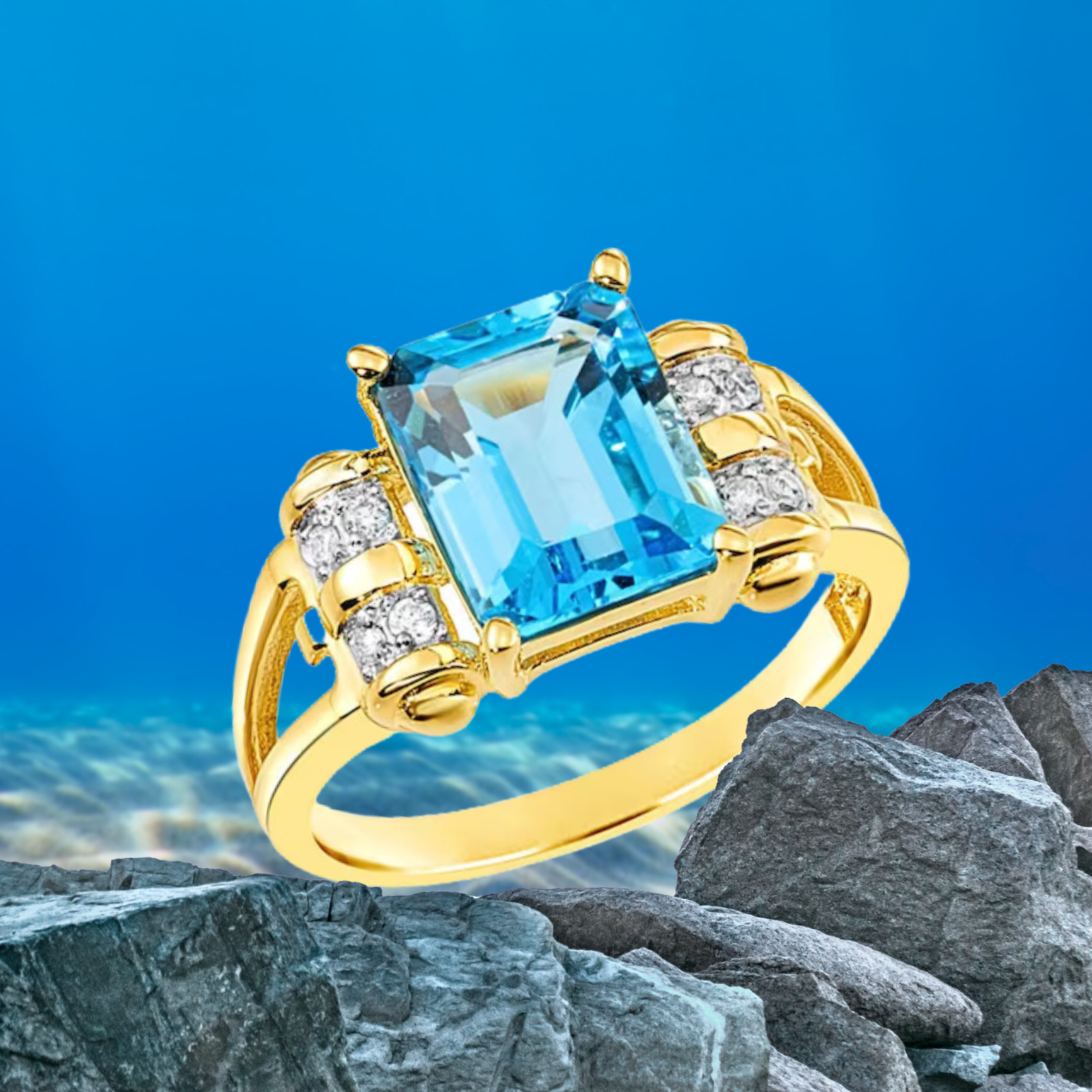 Natural Swiss Blue Topaz Gemstone Ring. 14k Gold Ring with Natural Diamonds