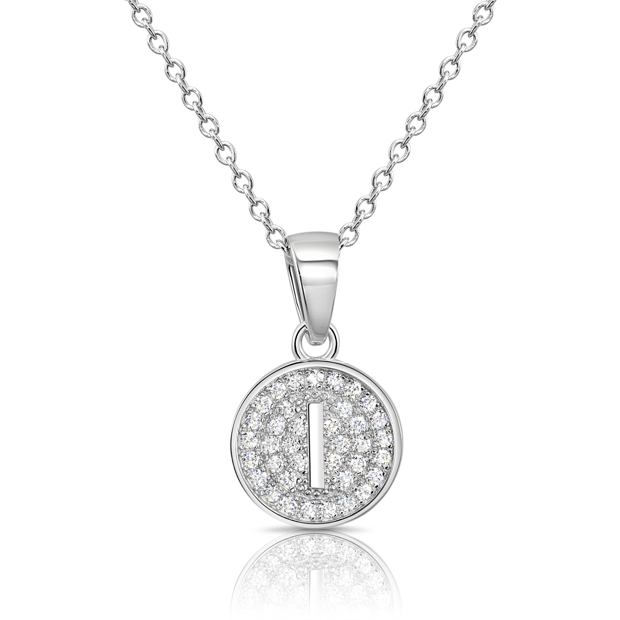 CZ Initial Round Charm Necklace (Letters A-Z) 16 18 in Sterling Silver