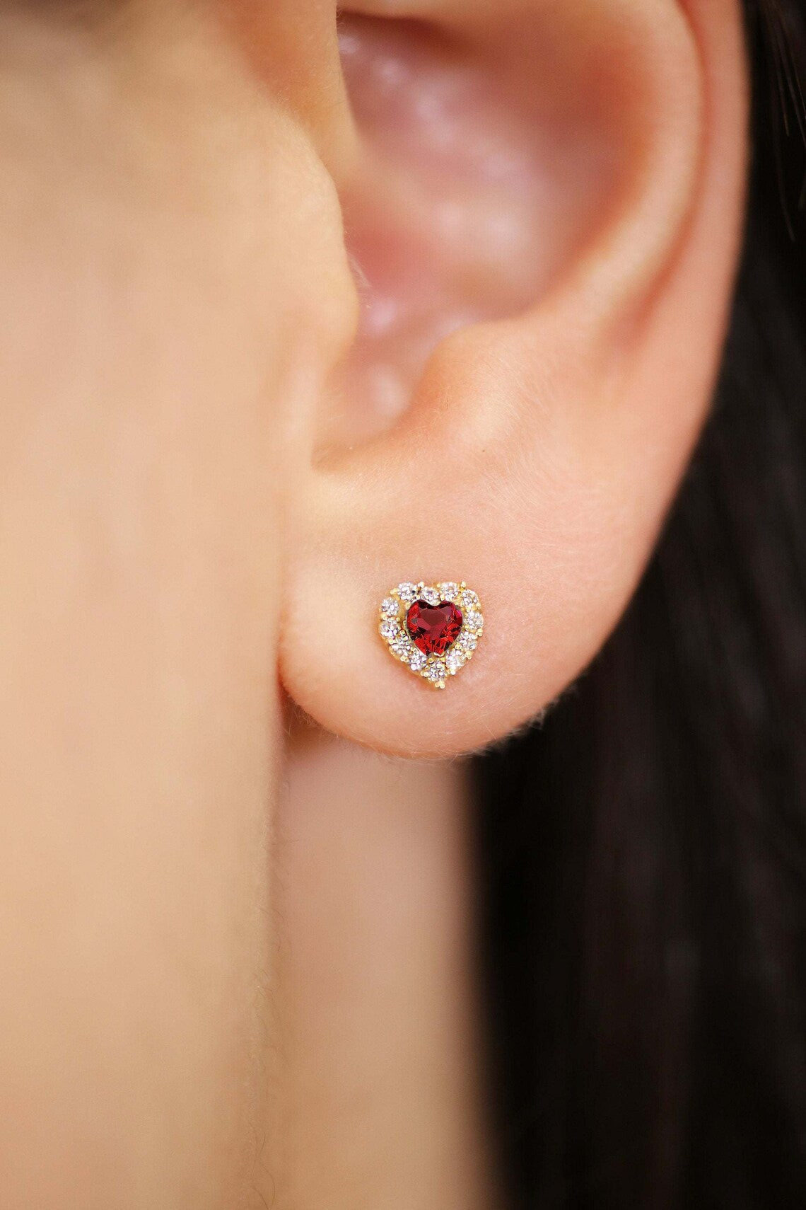 14k Yellow Gold Halo Heart Birthstone Stud Earrings. With Secure Screwbacks. Available in 12 Colors