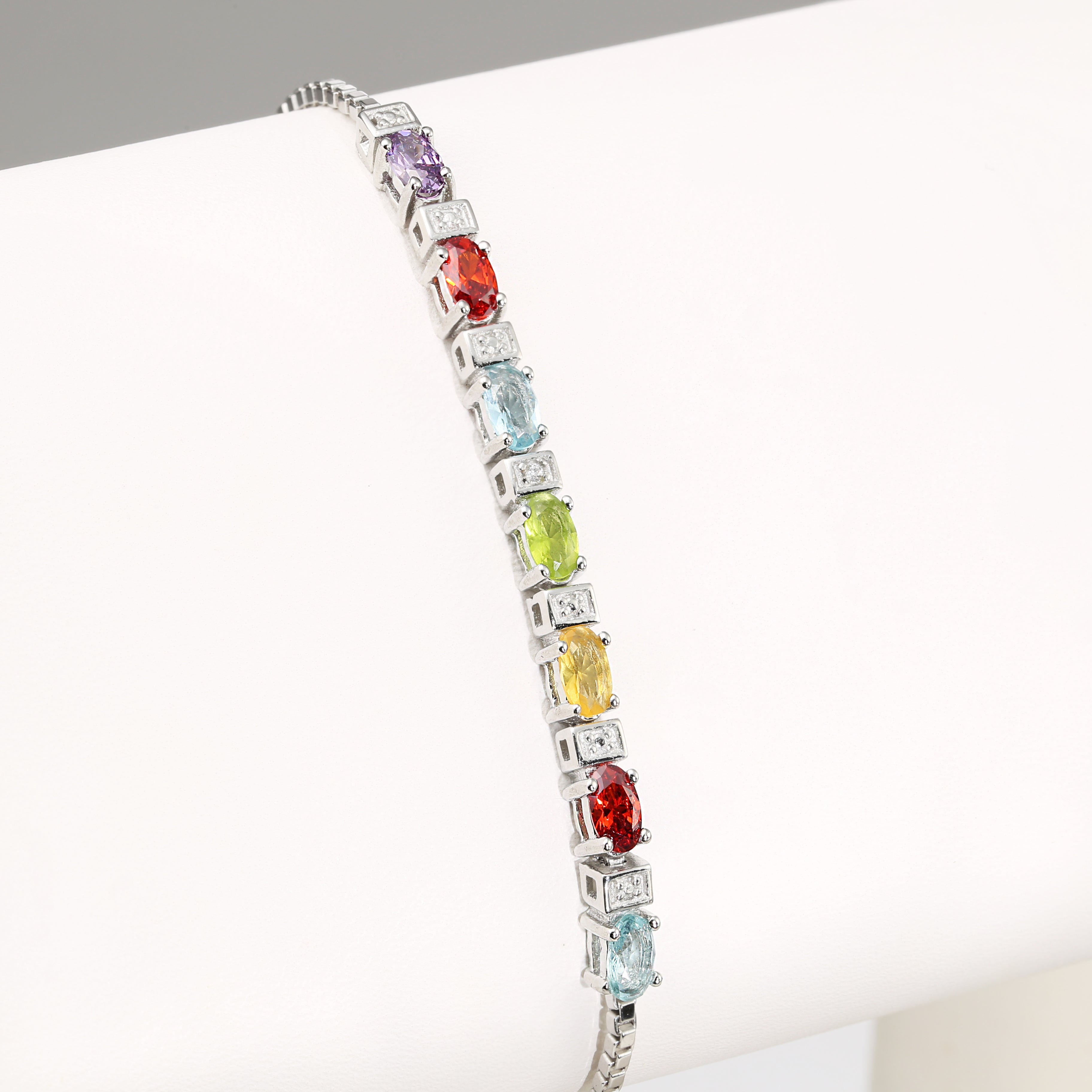 Sterling Silver Multicolor Rainbow CZ Bracelet. Adjustable Length