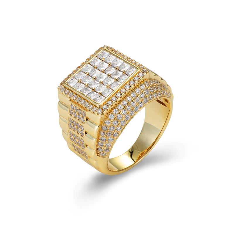 CZ Rolex-Inspired Mens Ring. Gold Plated in Sterling Silver