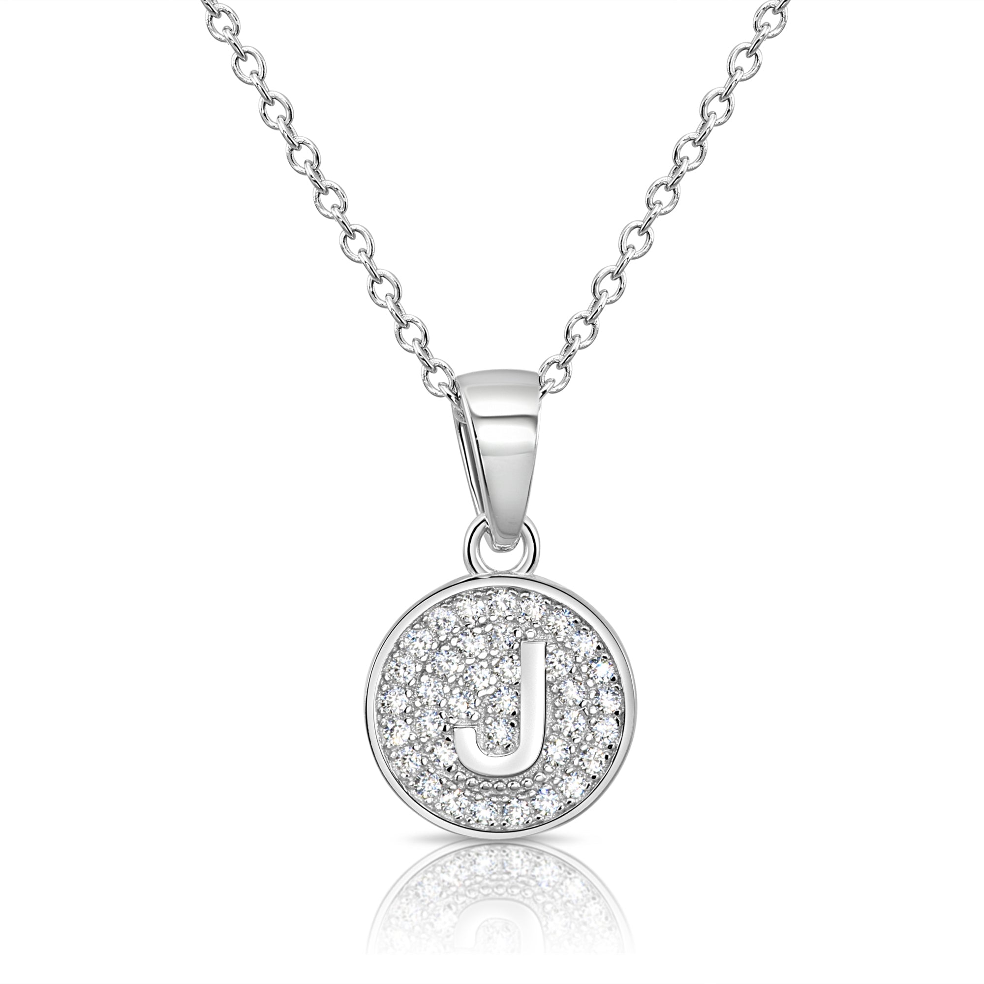 CZ Initial Round Charm Necklace (Letters A-Z) 16 18 in Sterling Silver