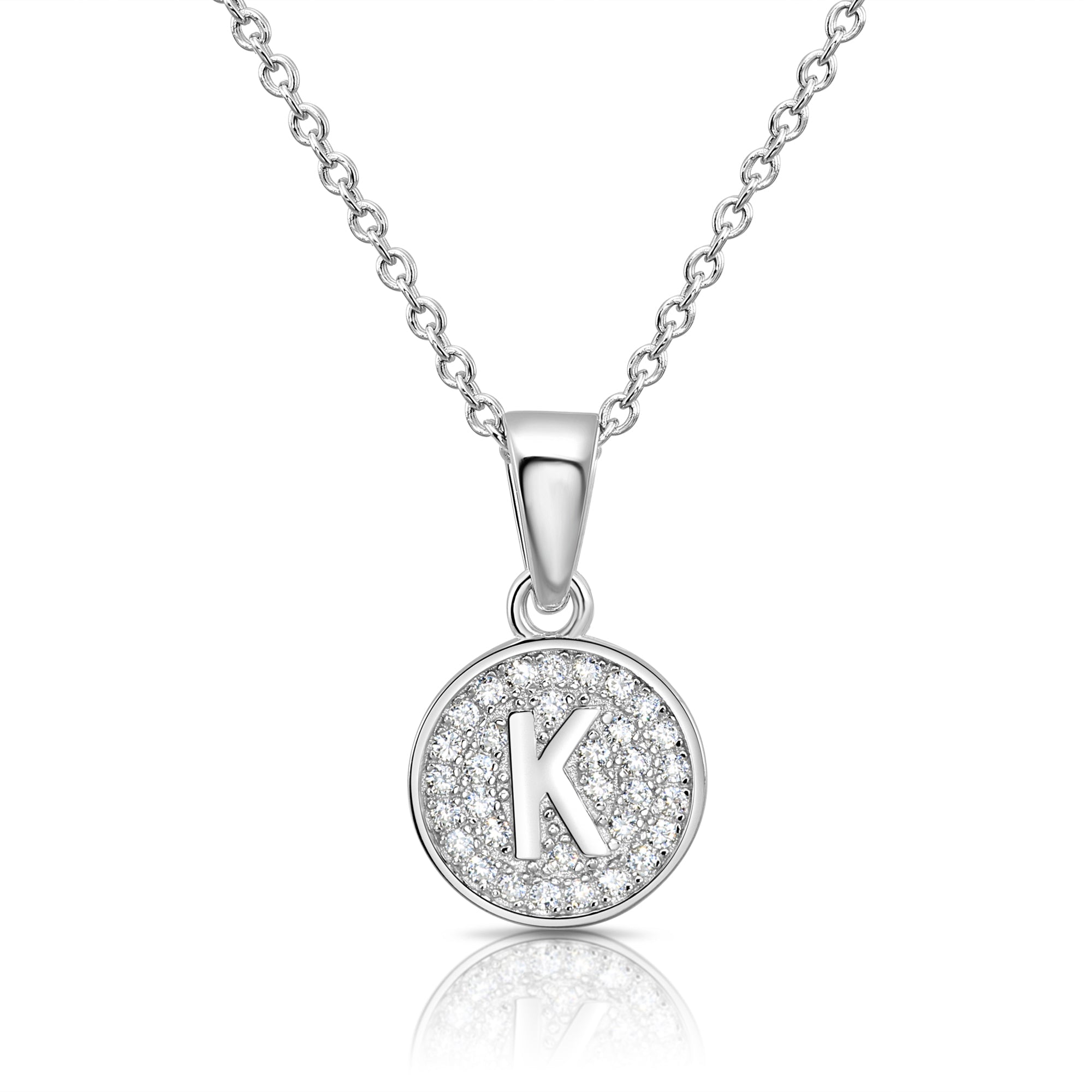 CZ Initial Round Charm Necklace (Letters A-Z) 16 18 in Sterling Silver