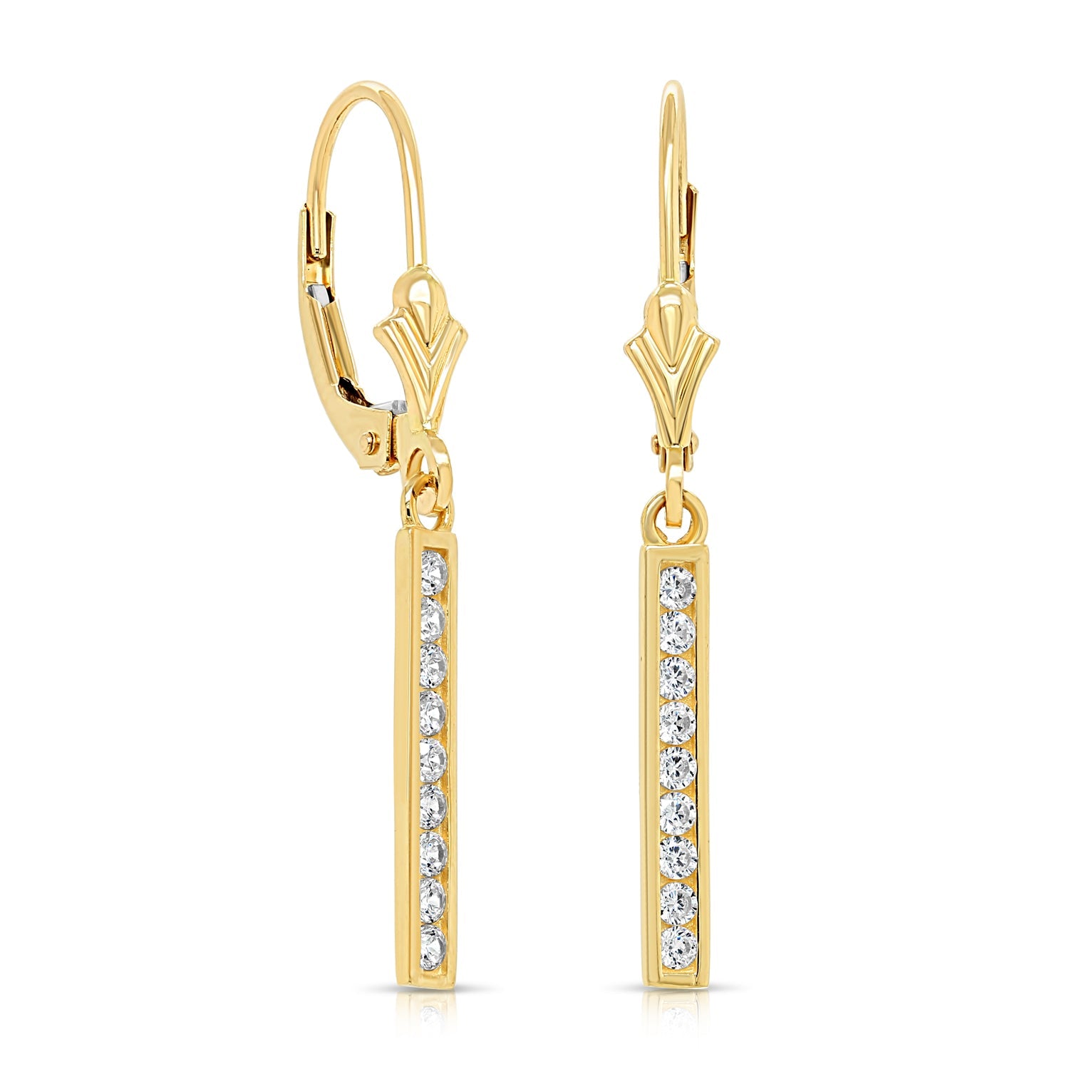 14K Gold CZ Bar Dangle Drop Earrings. French Lever back Design. 14 Karat Solid Gold and Brilliant Cubic Zirconia