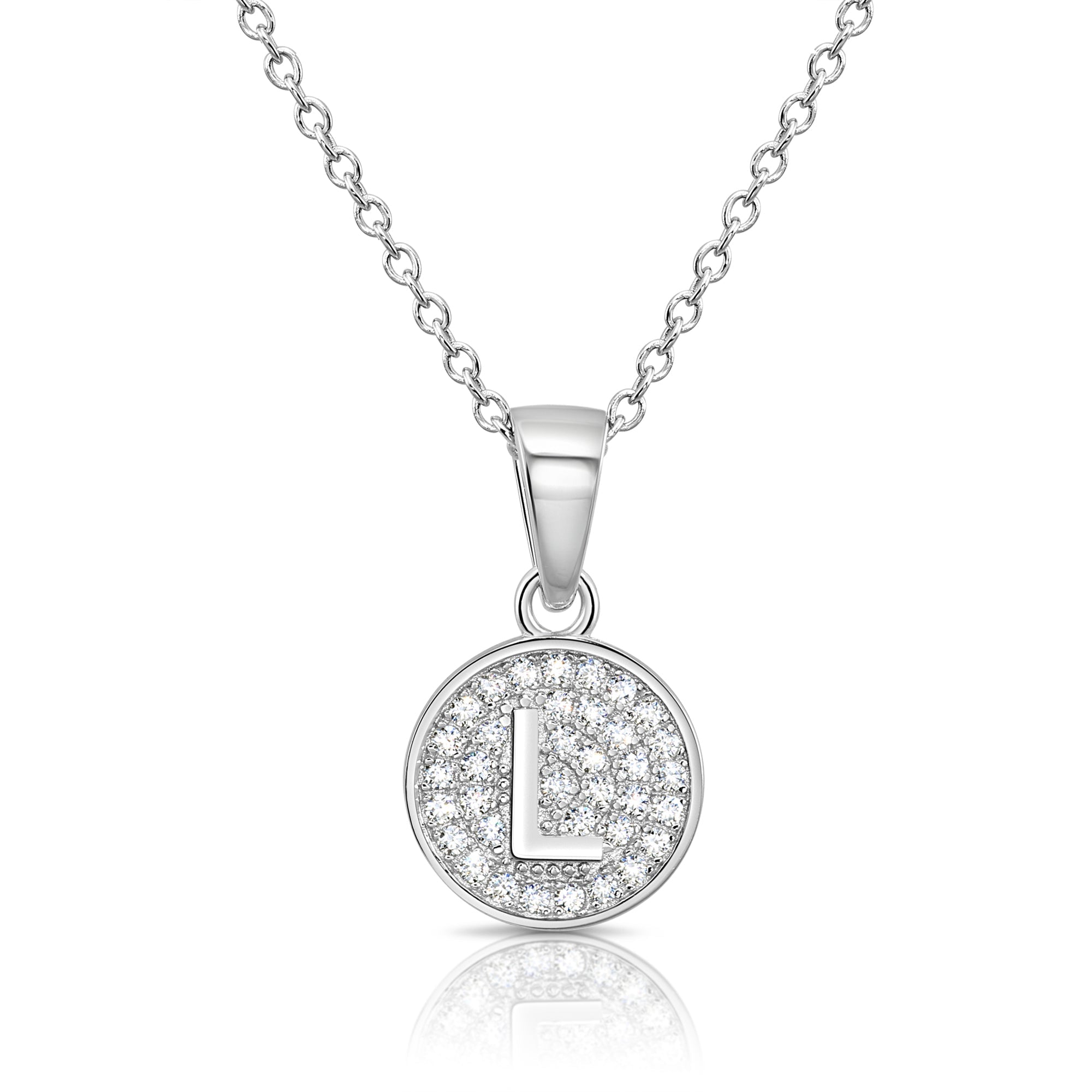 CZ Initial Round Charm Necklace (Letters A-Z) 16 18 in Sterling Silver