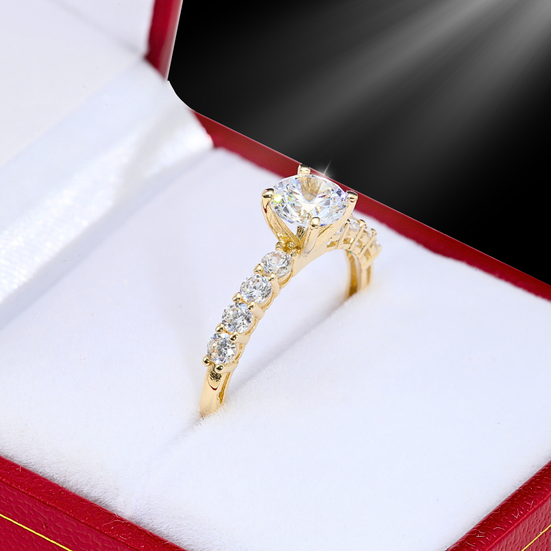 14K Yellow Gold Solitaire Round Brilliant 1 Carat Engagement Ring With Side Stones. #42678