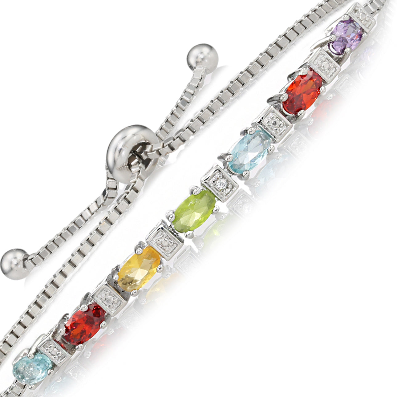 Sterling Silver Multicolor Rainbow CZ Bracelet. Adjustable Length