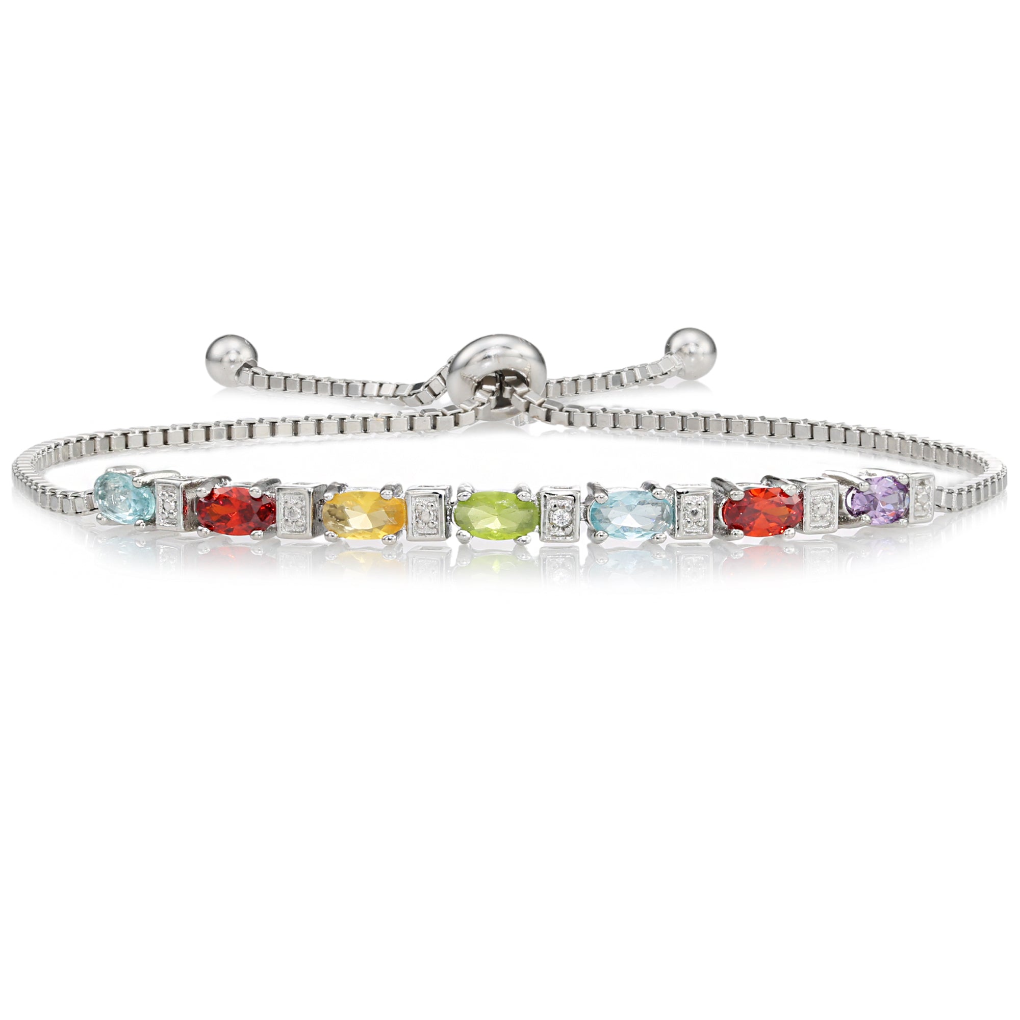 Sterling Silver Multicolor Rainbow CZ Bracelet. Adjustable Length